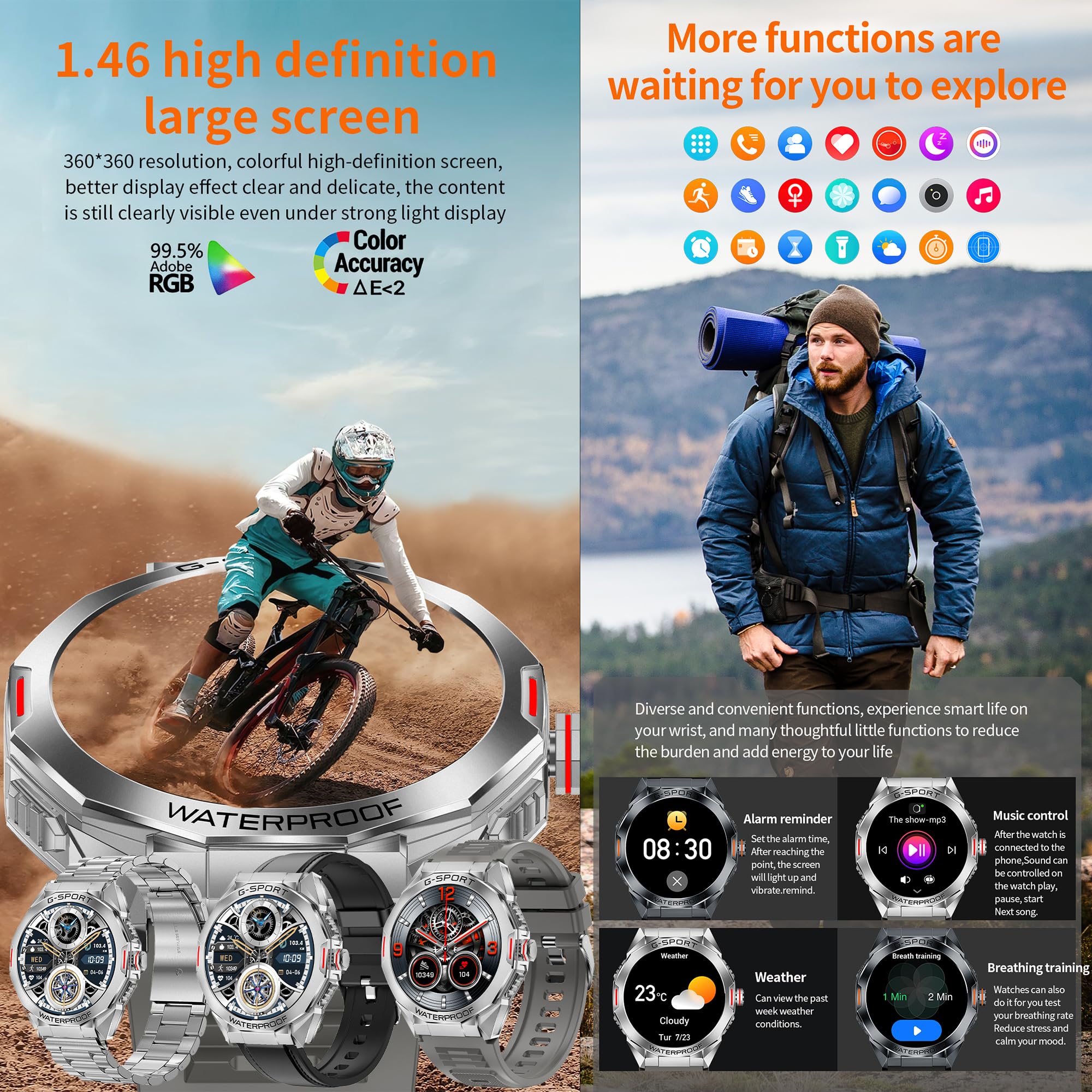 Reloj Inteligente Hombre con Llamadas, 1,46” AMOLED 5ATM Smartwatch Deportivo con Podometro Pulsometro SpO2 Sueño Presion Arterial Pulsera Actividad 5ATM Reloj para iOS Android, 3 Correas (plateado)