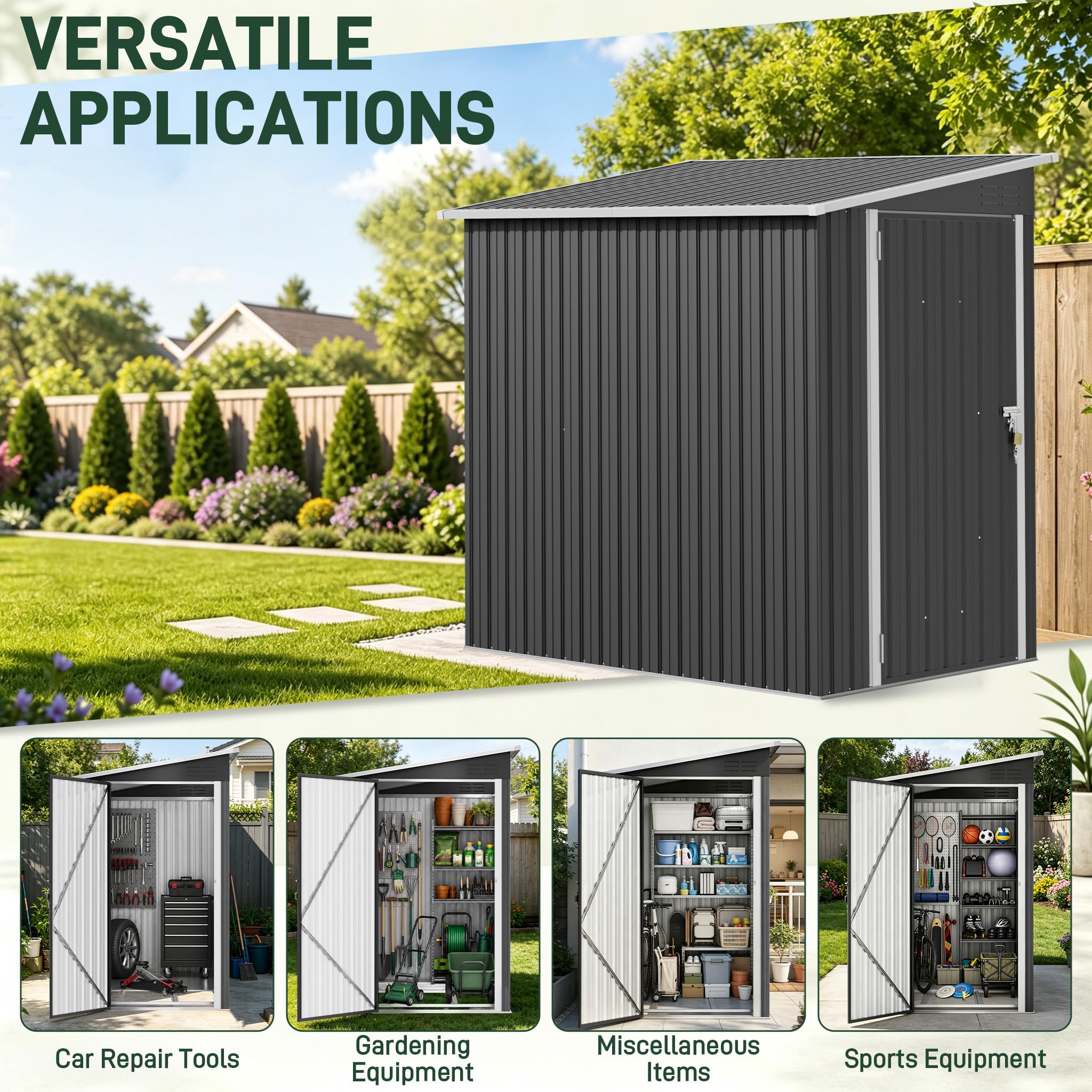 UISEBRT Capanno in metallo, 4 m³, 192 x 132 x 185 cm, resistente alle intemperie, con tetto inclinato e aperture di ventilazione, casetta da giardino chiudibile per attrezzi da giardino, attrezzi e