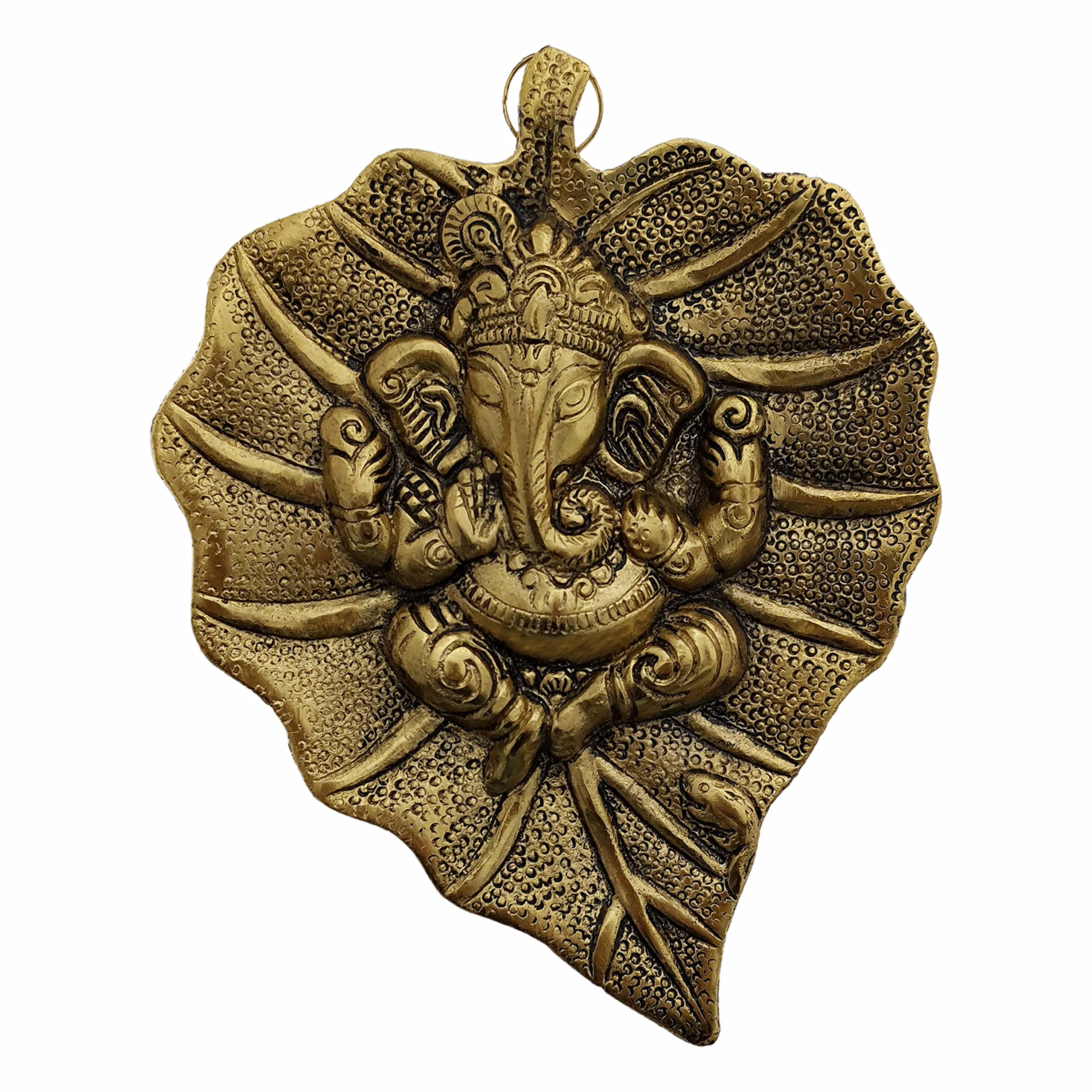 Divya Mantra Ganesh Wall Hanging Decor Patta Ganesha on Leaf Home Front Entrance Door Living Room Decoration New House Warming Ceremony Decorating Vinayagar Drishti God Ganapathy Metal Bommalu - Gold