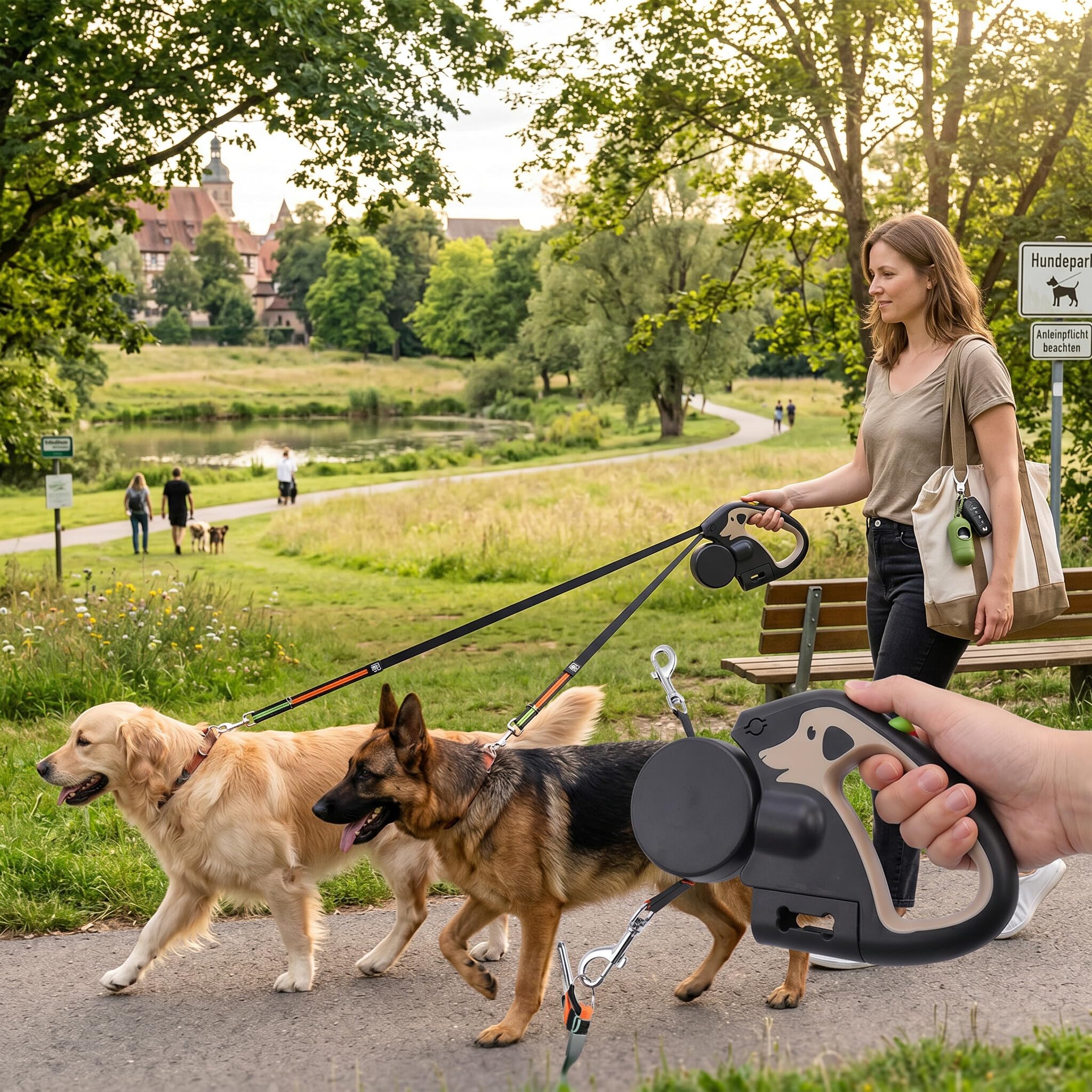 Tnfeeon Correa para Diseño de Doble Cabeza para Caminar 2 Perros Longitud Ajustable con Batería Incorporada de 500 MAh Correa de Tracción para Mascotas Retráctil Automático (Caqui)