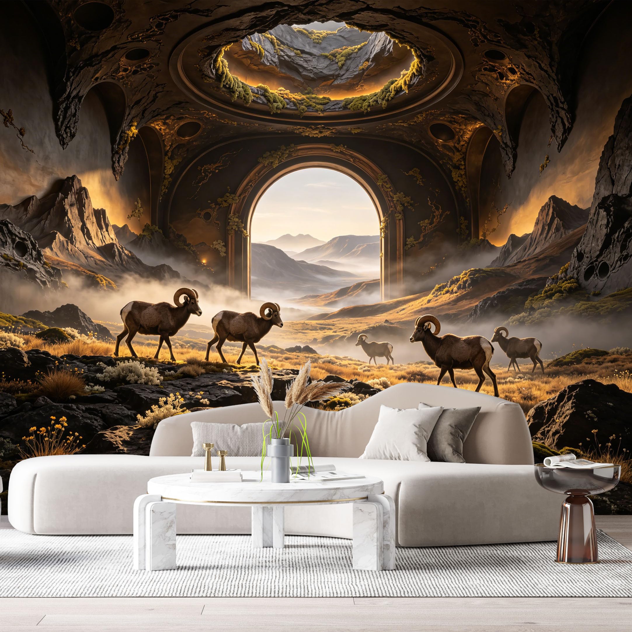 Custom Size Wall Murals Mountain Bighorn Sheep Landscape 3D Trompe L'Oeil SelfAdhesiveWall Fabric Removable Wallpaper Wall Decor for Living Room Bedroom Bathroom