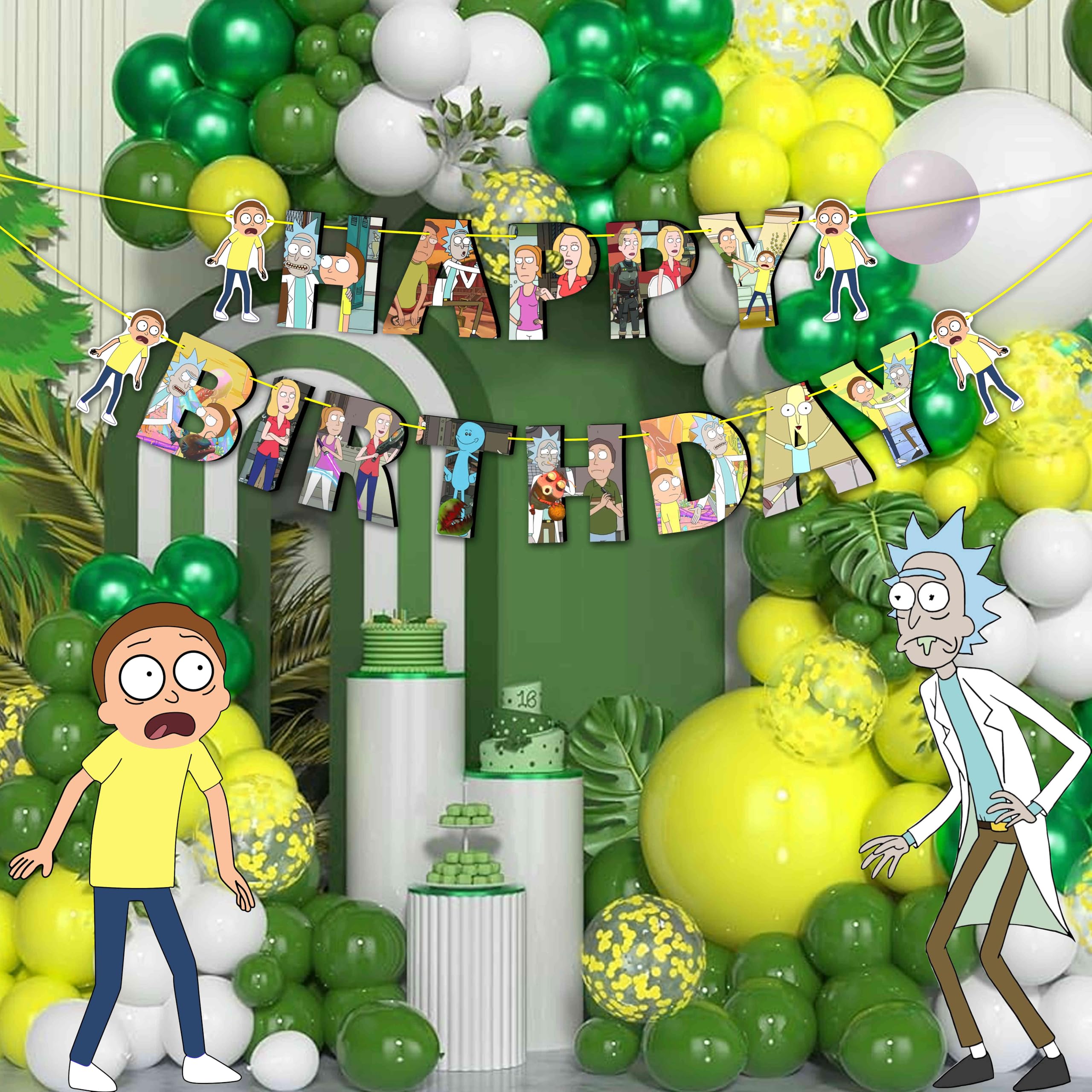 Rck and Mrty Happy Birthday Banner – Intergalactic Party Decoration – Birthday Banner for Adults – Sci-Fi Cartoon Birthday Party Supplies.