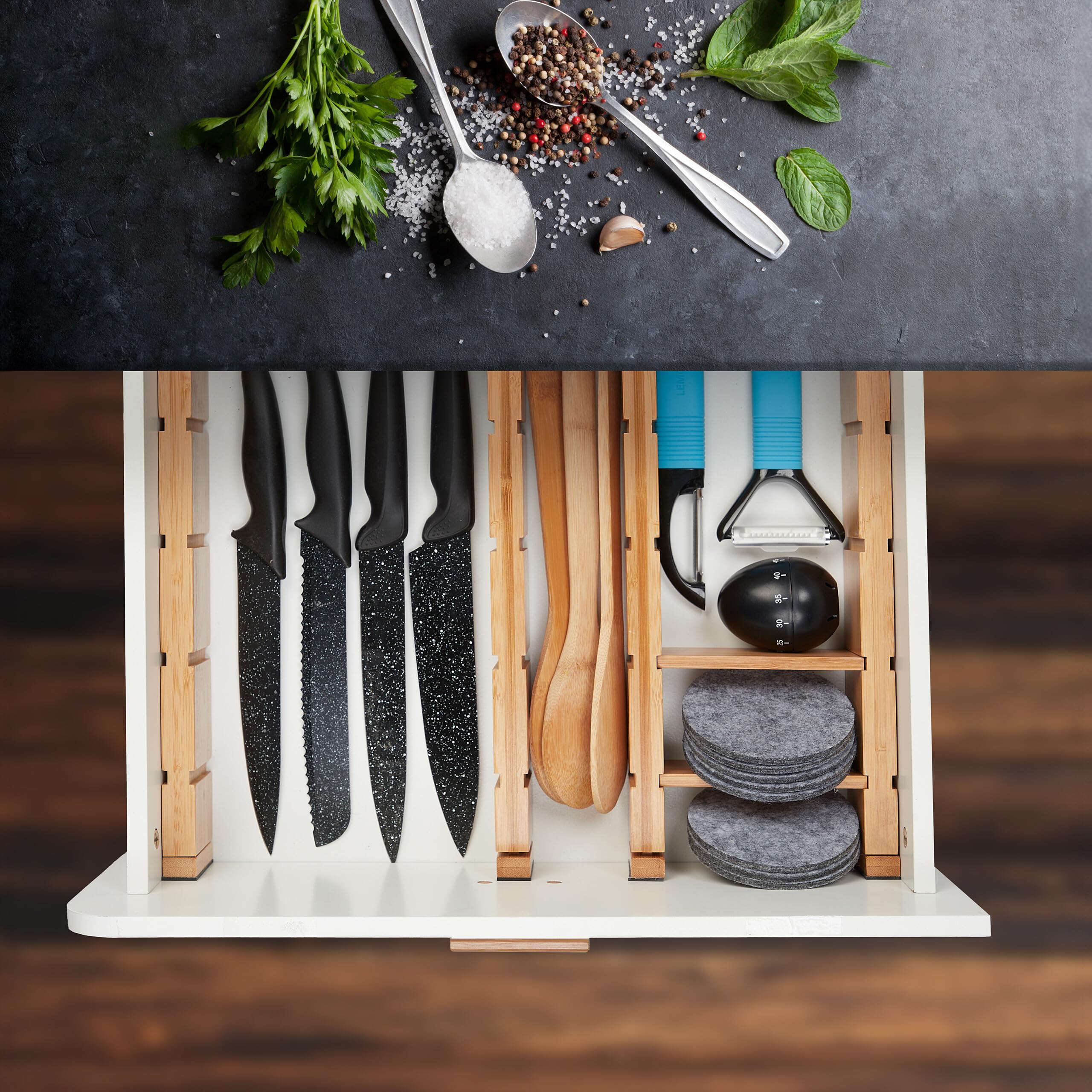Relaxdays Pack Separadores de Cajones de Bambú L, Set de 10, Largo Ajustables de 34 a 44 cm, Bambú, Cocina, Natural