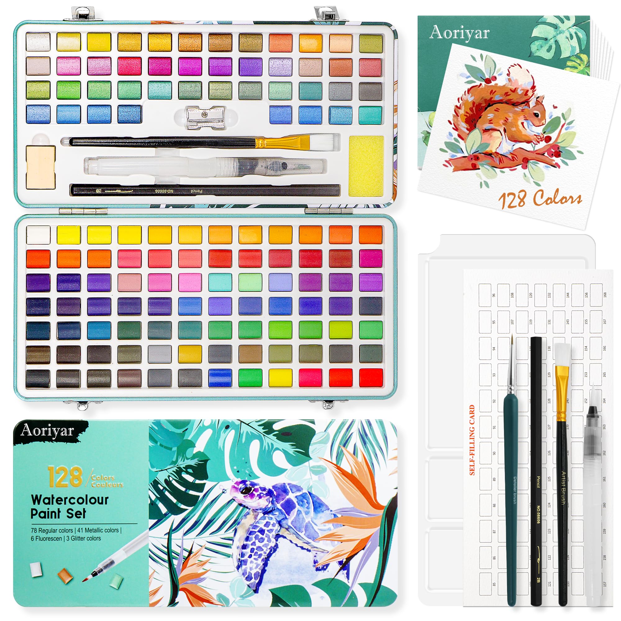 Aoriyar Watercolour Paint Set 128 Colours with Palette - Professional Watercolour Paints Sets for Kids, Adults, Artists - Portable Metallic Mini Box with Brushes and Watercolor Pens