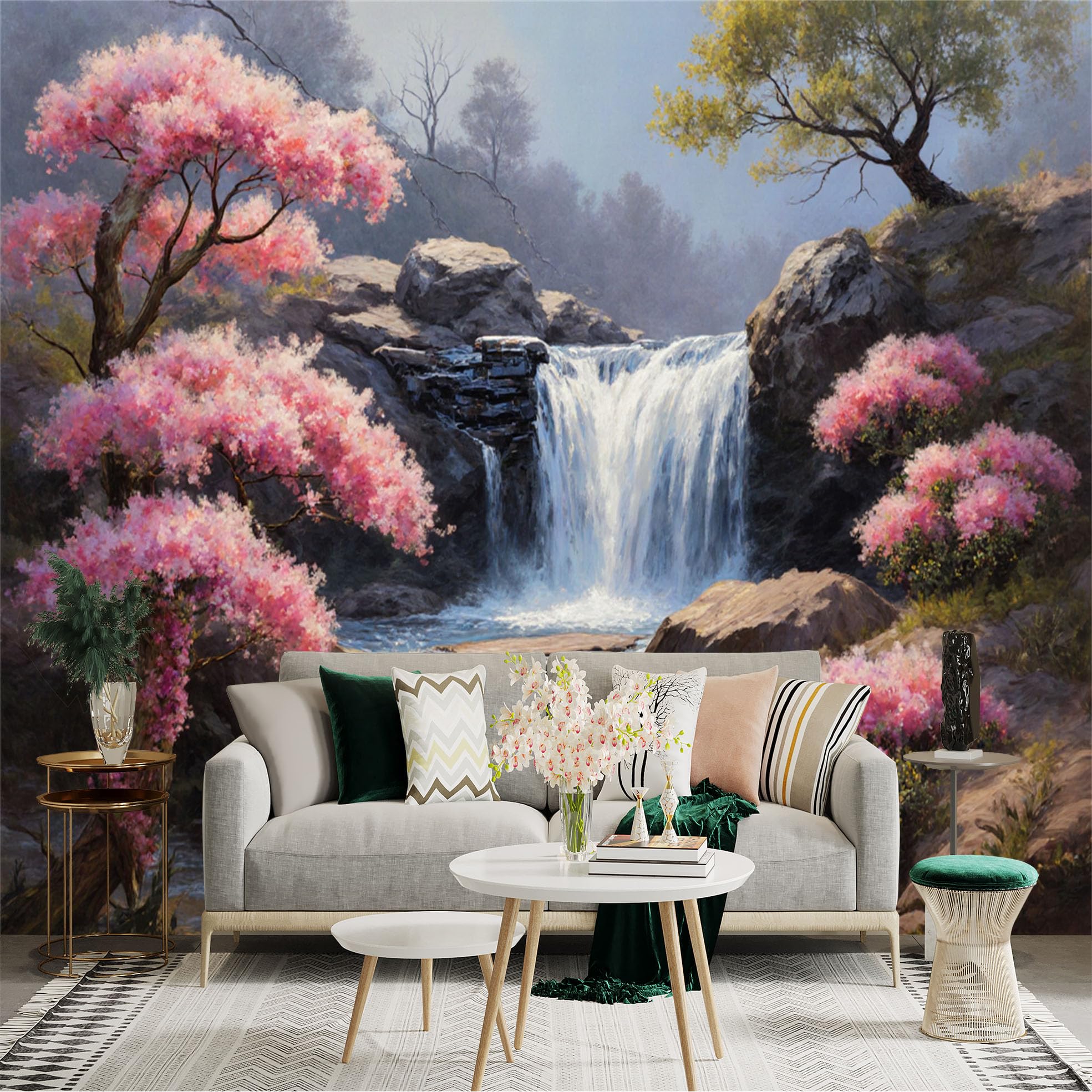 Lnzczhyre Xc260505304 Custom Size Wall Sticker Mural， Serene Waterfall With Pink Cherry Blossoms， Mountain Stream Landscape， Nature Scenery， For Wall Decoration， Peelandstick Wall Decals.