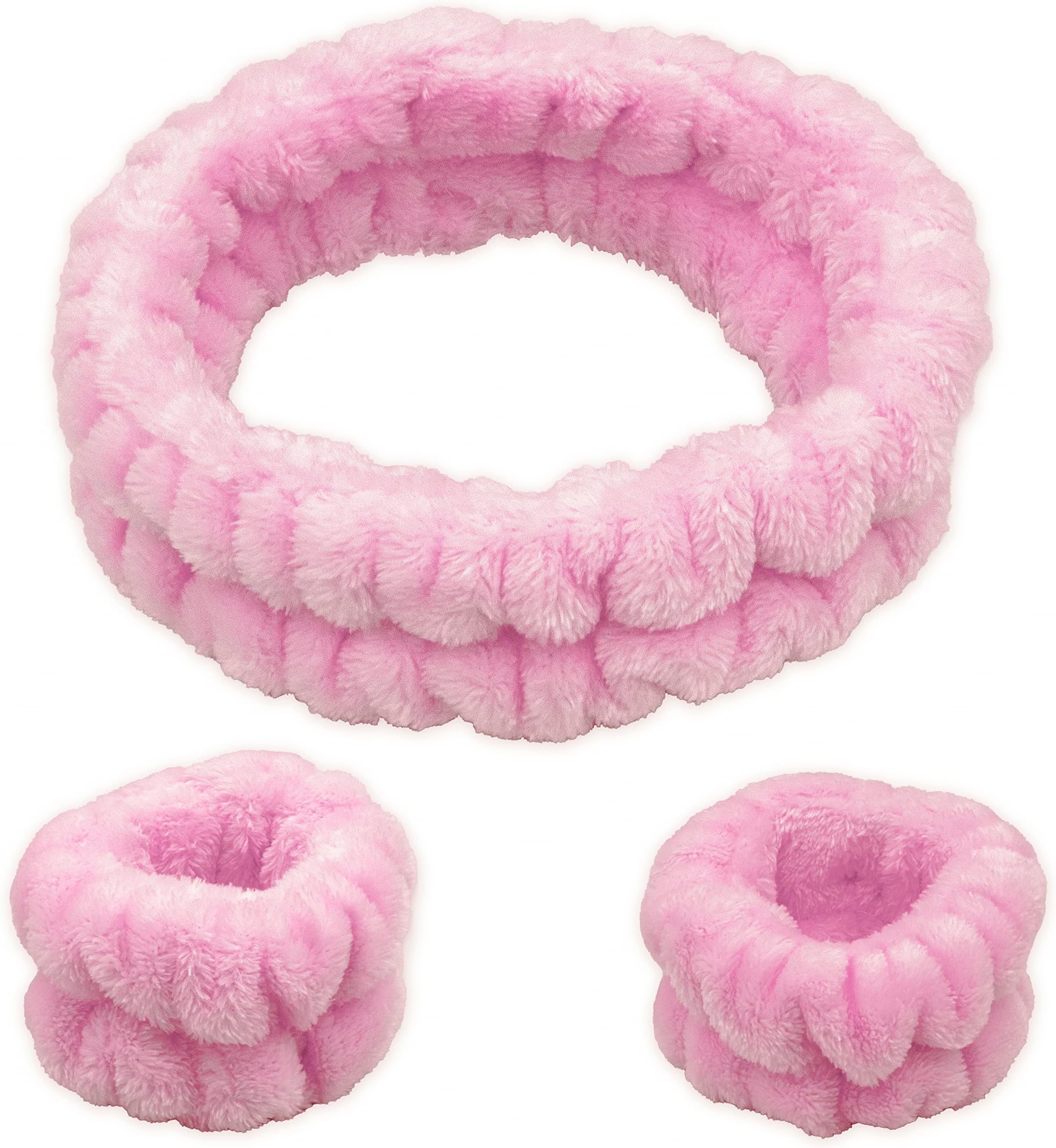 FROG SAC Spa Headband and Wristbands for Face Washing, Fuzzy Skincare Headbands for Women, Soft Makeup Skin Care Hair Accessories for Girls, Make Up Sleepover Supplies (Pink)