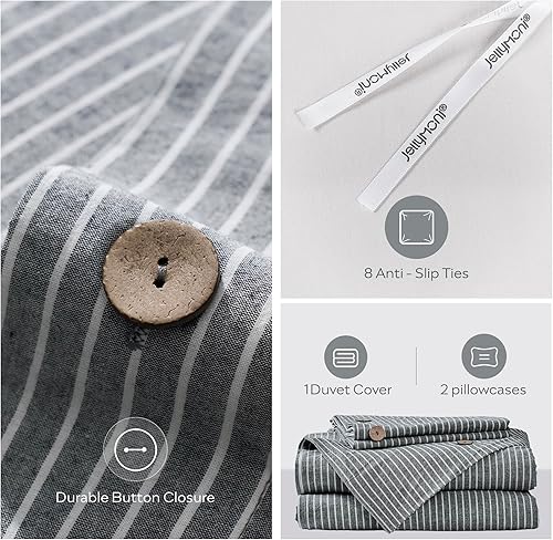 Miniatura 3 de JELLYMONI Pinstriped 100% Washed Cotton Linen Like Duvet Cover Set, 3 Pieces Bedding Set with Buttons Closure, Black with White Vertical Ticking