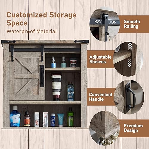 Miniatura 5 de OKD Gabinete de pared de baño, botiquín de granja con puerta corrediza de granero y estantes ajustables, armario de almacenamiento montado en la