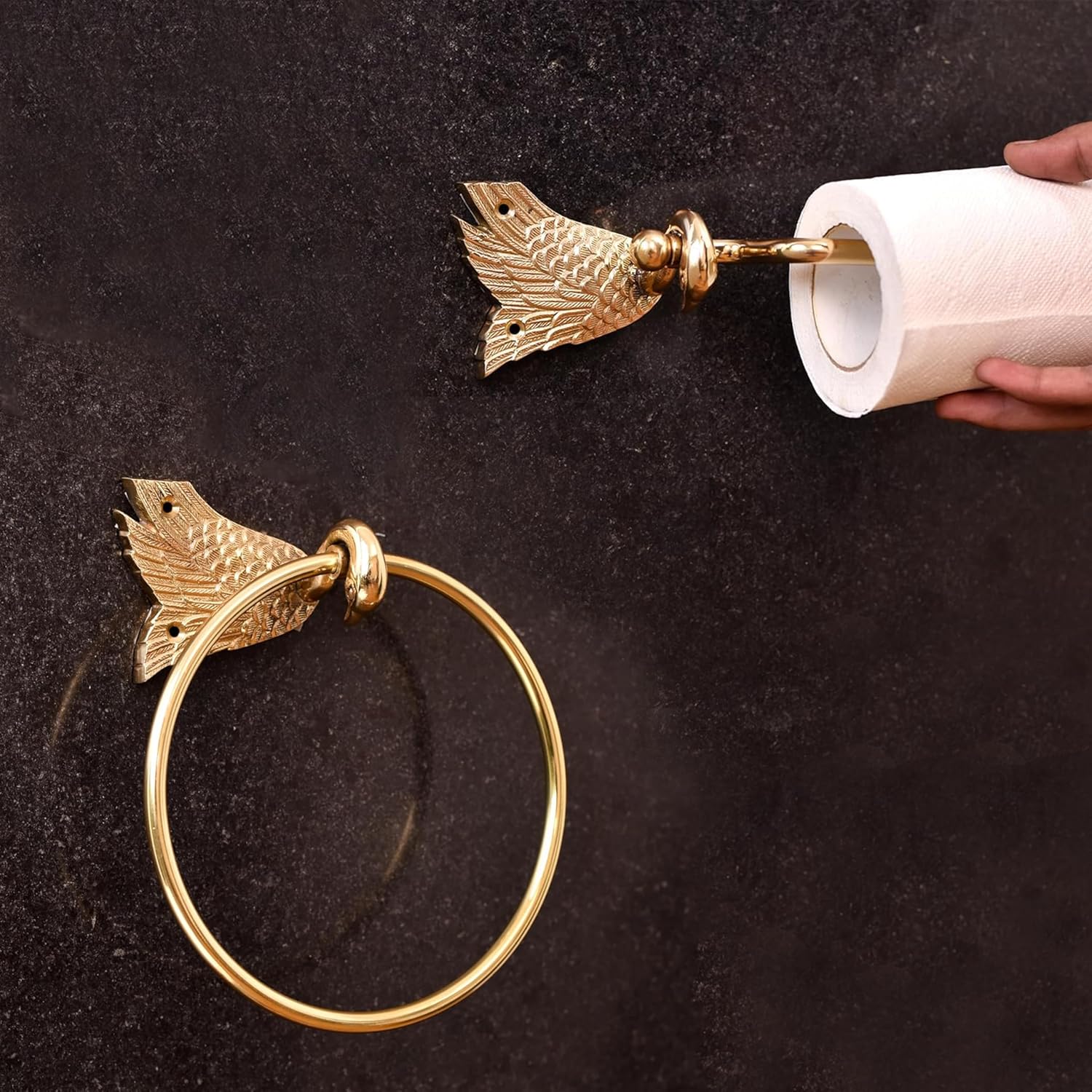 Towel Ring + Toilet Paper Holder - Gold Toilet Paper Holder - Gold Hand Tissue Organizer - Brass Towel Ring- Bathroom Hardware Accessories- Swan Design