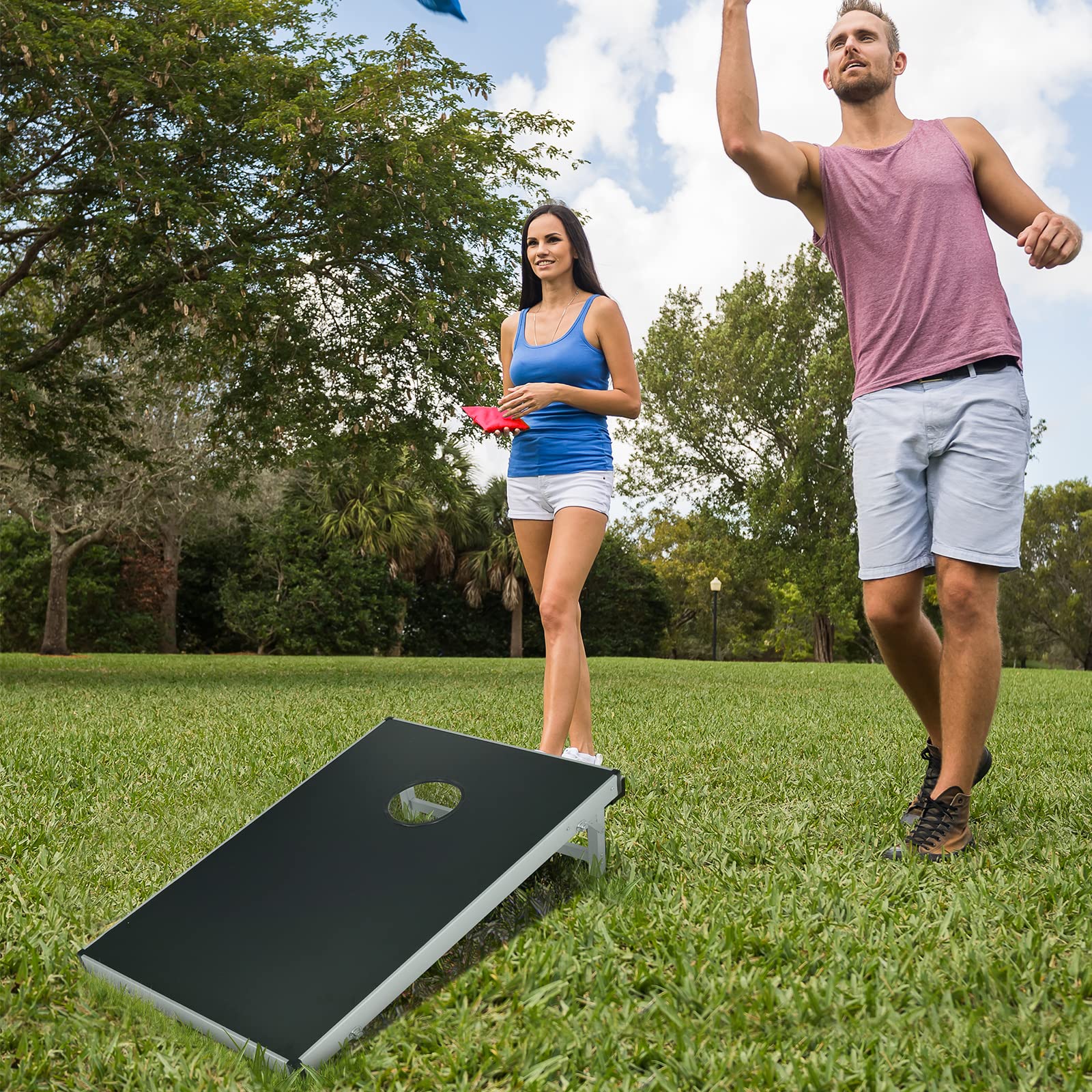 Tangkula Cornhole Set Outdoor, Foldable Aluminum Cornhole Boards with 8 Corn Hole Bean Bags for Teens and Adults, Carrying Case, Portable Yard Lawn Game, 3FTx2FT Cornhole Bean Bag Toss Game Set