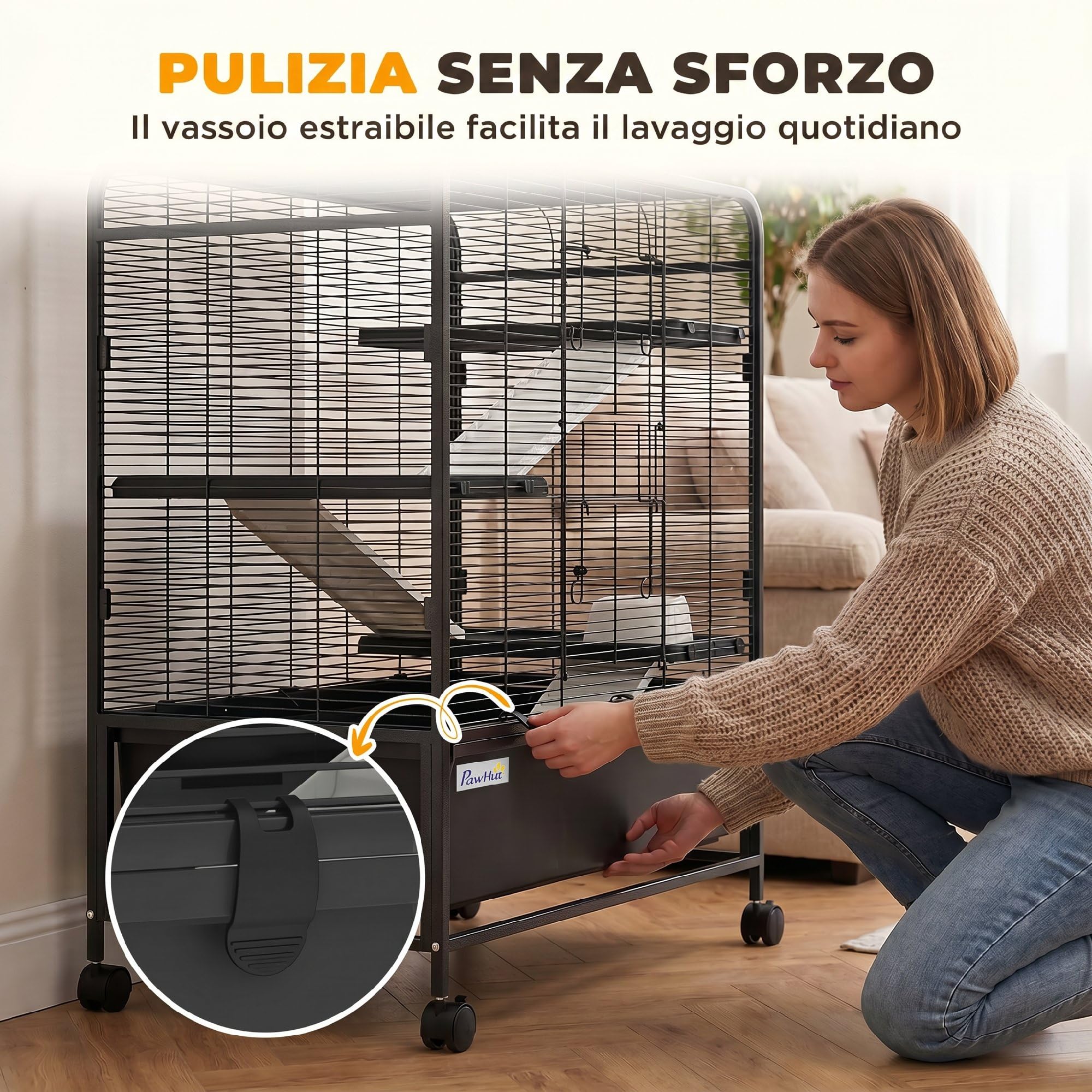 PawHut Gabbia per Conigli in Acciaio a 4 Livelli con Piattaforme, Rampe, Ruote, Serbatoio Acqua, Ciotola e Vassoio Rimovibile, Gabbietta per Criceti, Porcellini d'India, Furetti, 75x46x94.5 cm, Nero