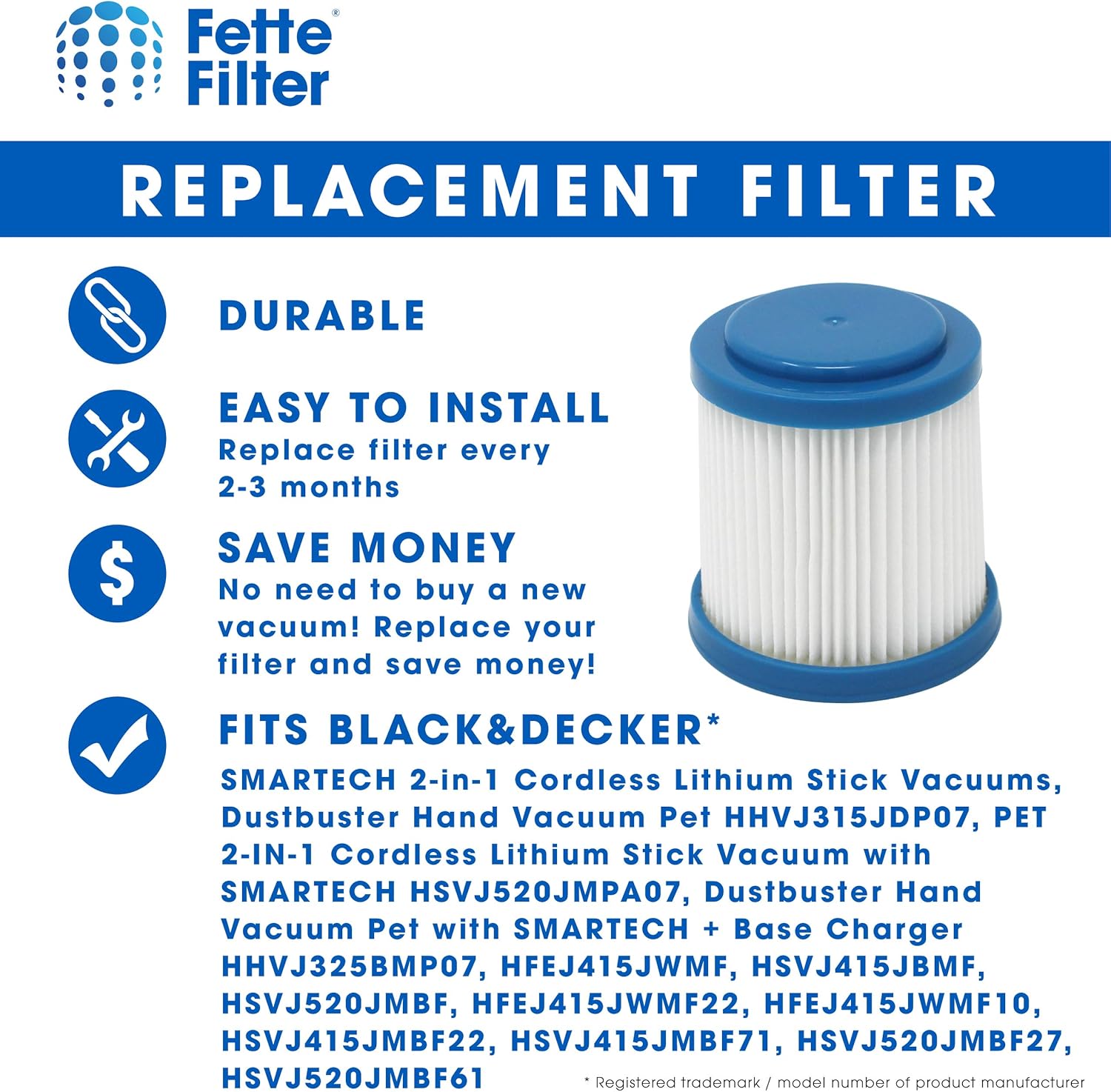 VPF20 Vacuum Pleated Washable Filter Replacement Compatible with BLACK+DECKER 2in1 SMARTTECH cordless stick vacuum Includes 4 Premium Replacements for Select Black Decker Models. - Image 6