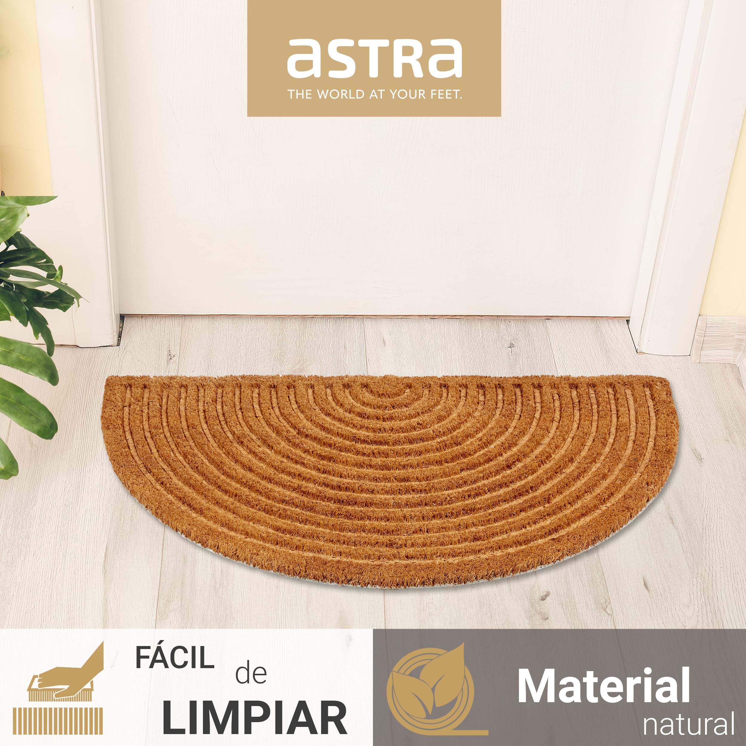 Felpudo Moderno - Estera de Coco 45x75cm Semicircular Natural - Antideslizante y Atrapa Suciedad Robusto - Interior y Exterior