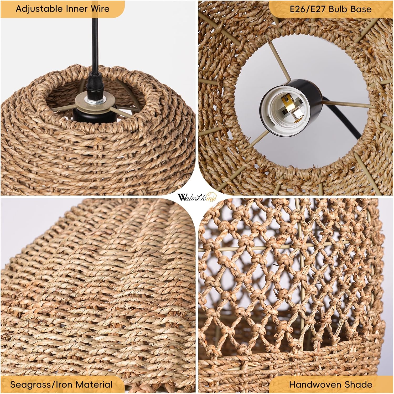 1 Light Seagrass Chandelier for Kitchen, Rustic Wicker Pendant Lighting, Handmade Basket Lampshade for Dining, 13.78" W Hanging Lamp Ceiling Light Fixture Farmhouse for Apartment Bedroom