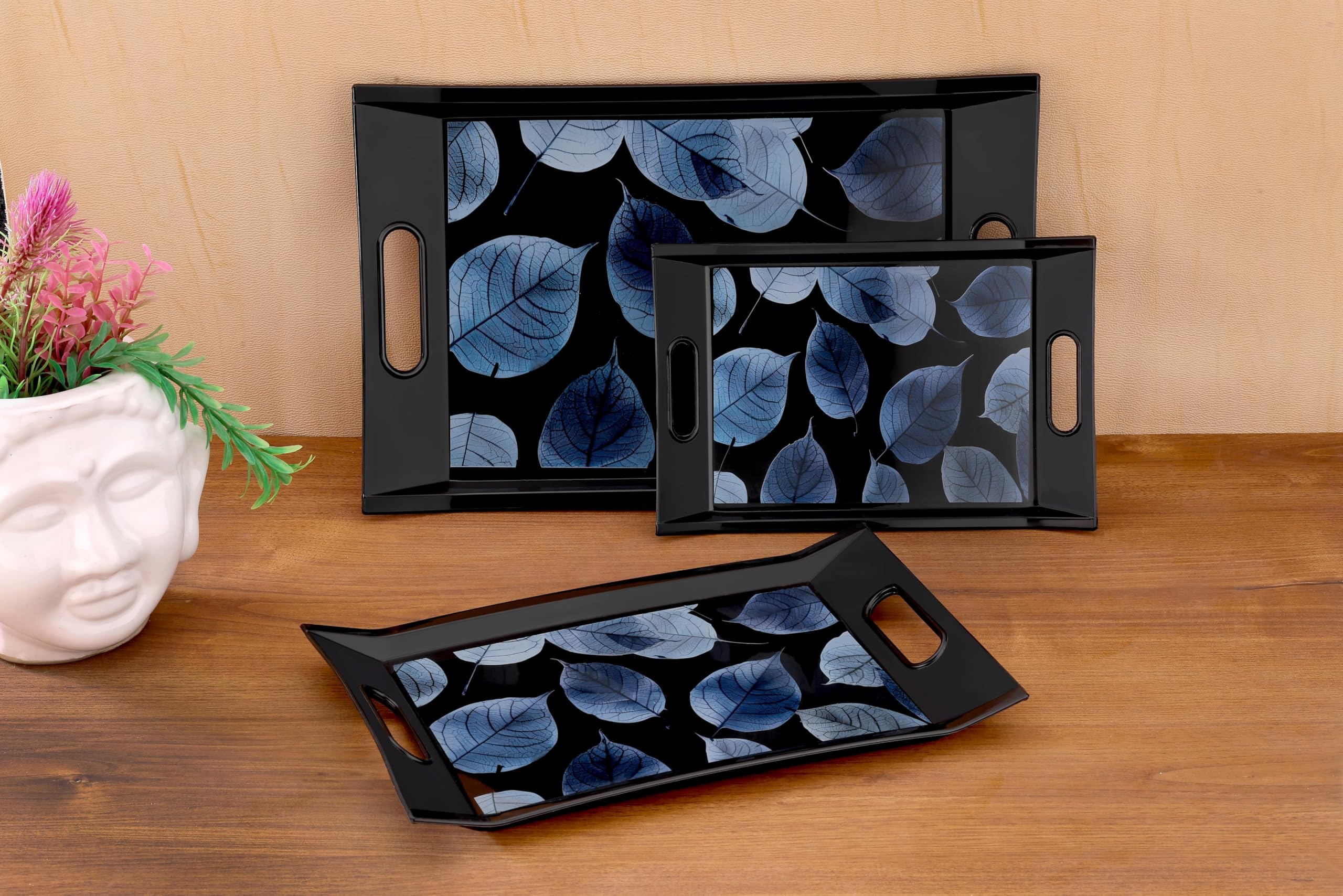 Decorative Serving Trays Set, Black with Blue Leaf Pattern, 3 Nesting Sizes — Amazon image 2
