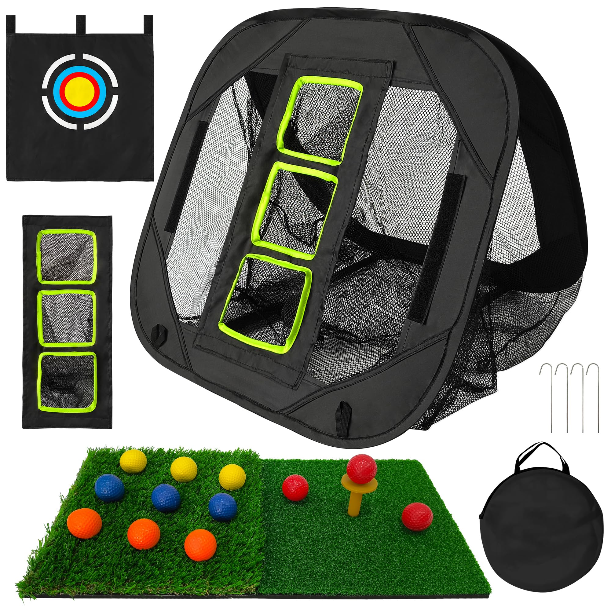 Red de práctica de astillado de golf, red emergente, equipo de entrenamiento para interiores y exteriores, con alfombrilla de golpeo y 12 pelotas de golf de espuma, color negro