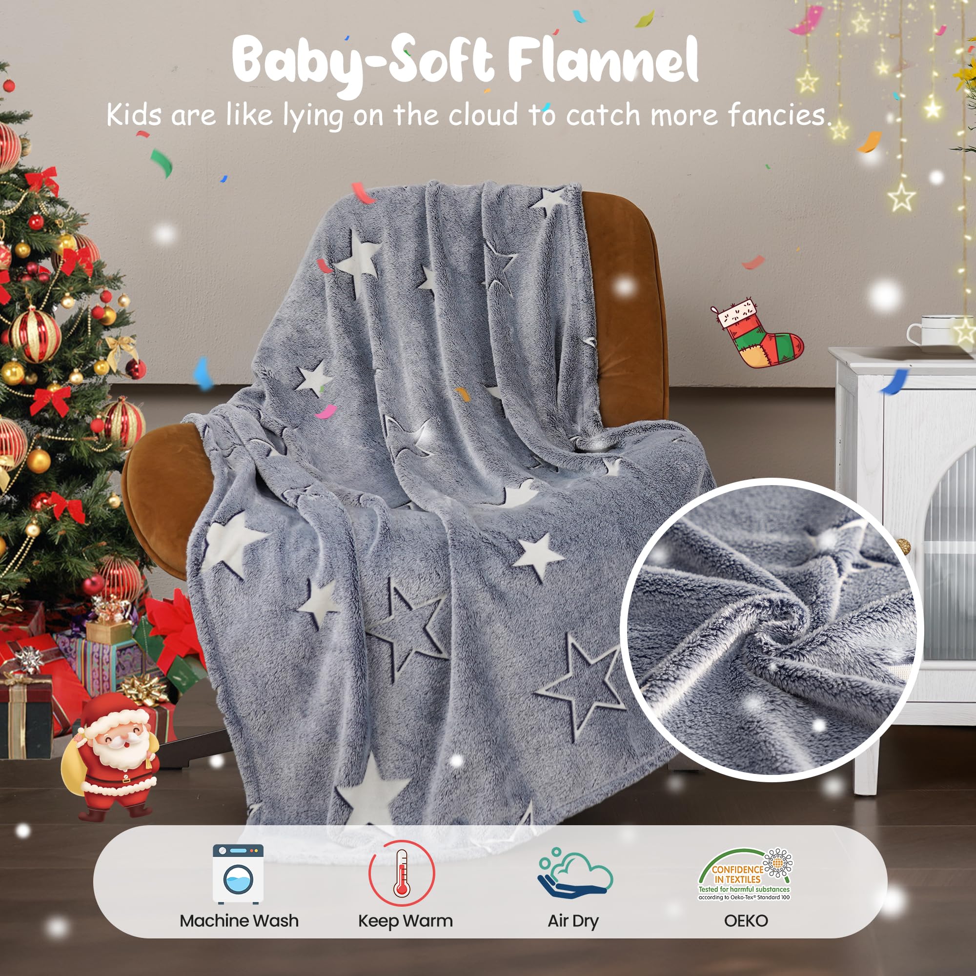 Winthome Miękki koc dziecięcy - koc dziecięcy świecący w ciemności, przytulny flanelowy koc dziecięcy dla dziewczynek i chłopców, Boże Narodzenie, prezent, koc na wszystkie pory roku (gwiazda, 130 x