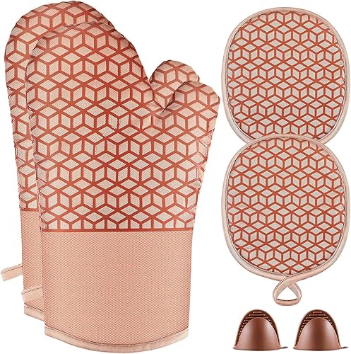 Miniatura 9 de Manoplas de horno y soportes para ollas, juego de guantes de horno resistentes al calor de 500 ℉, guantes de horno de silicona, agarre texturizado