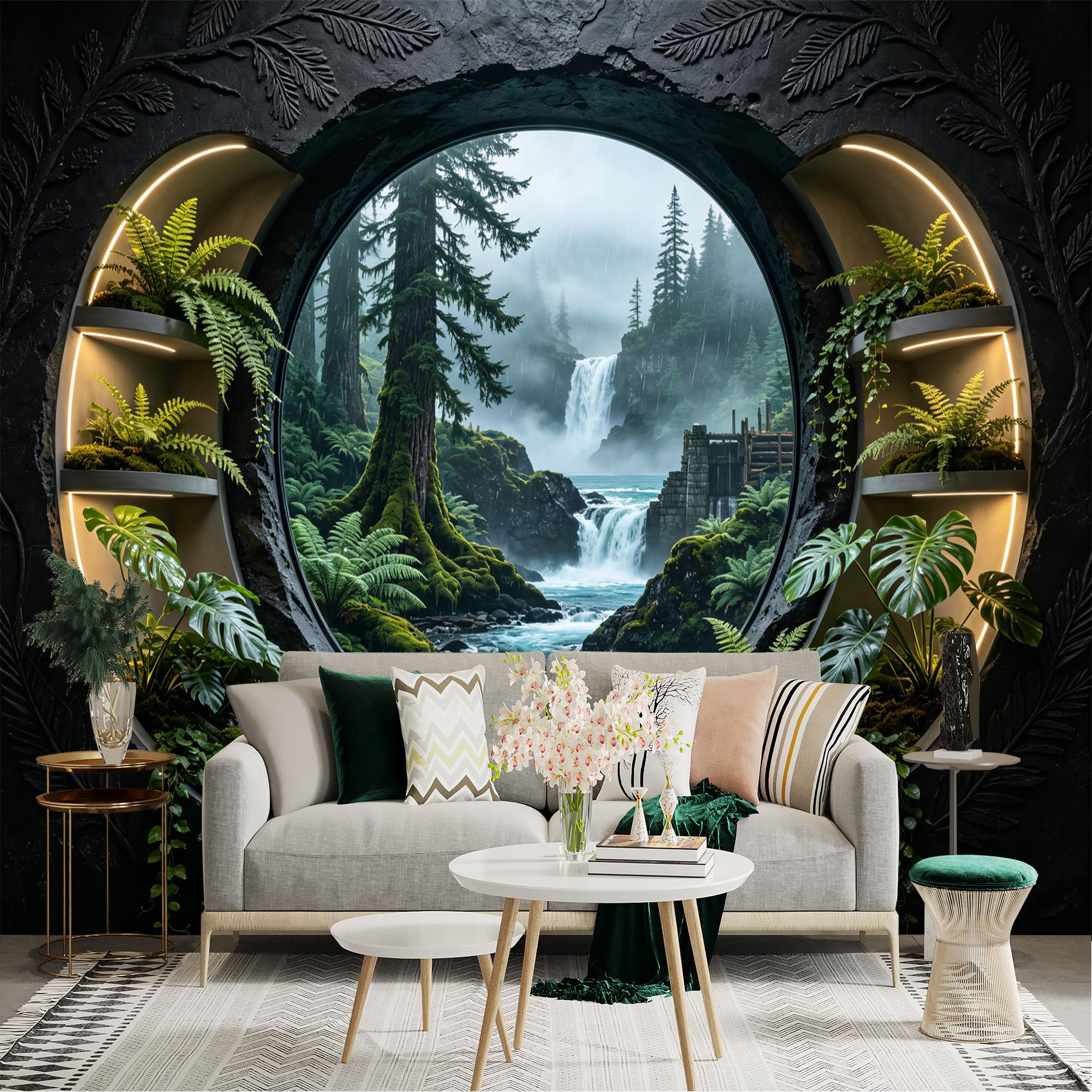 Lnzczhyre Dbh260521468 Custom Size Wall Sticker Mural， Misty Forest Waterfall， Tropical Plant Window View， Ancient Mossy Stones， Serene Nature Landscape， For Wall Decoration， Peelandstick Wall Decals.