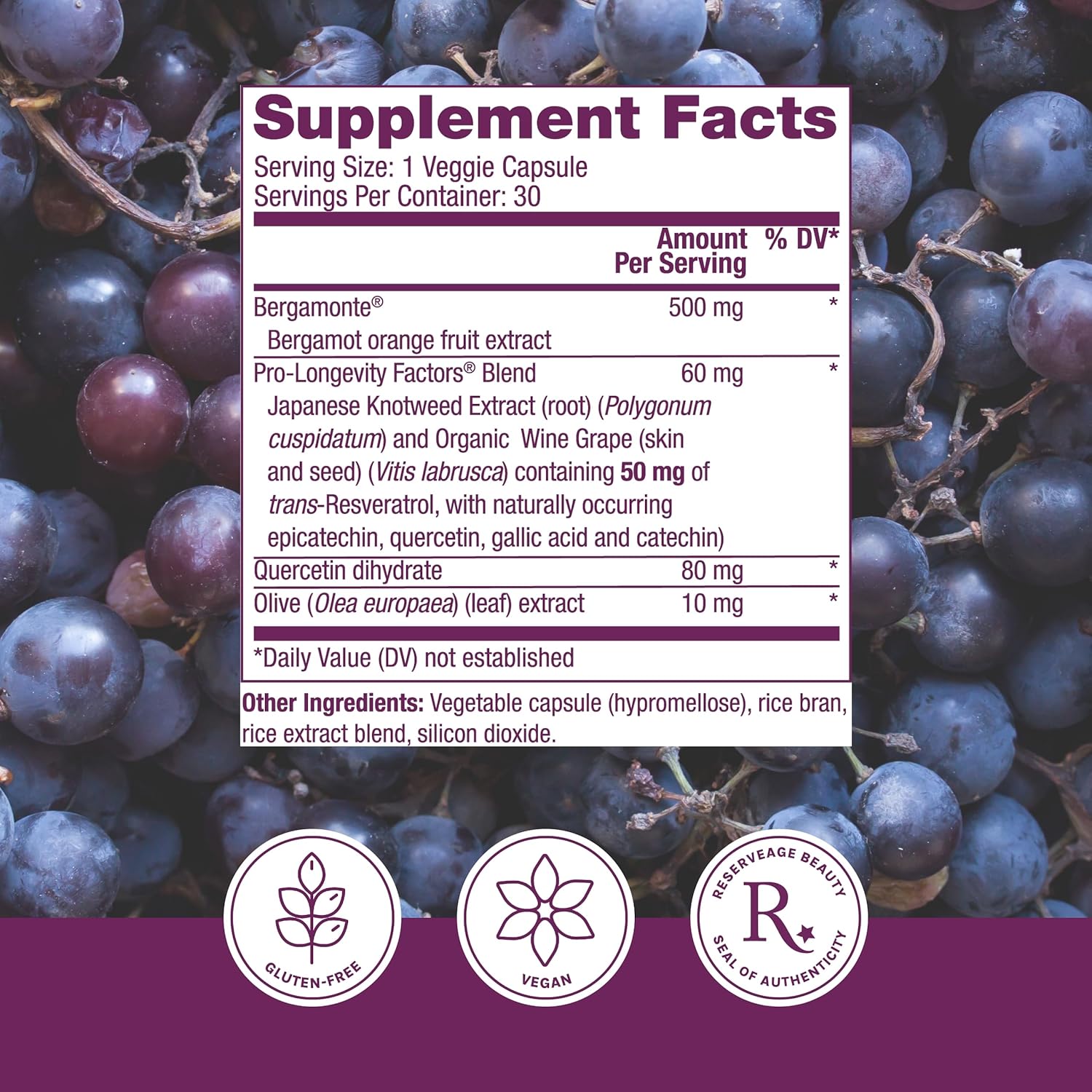 Reserveage Beauty Bergamot Cholesterol Support with Resveratrol - Antioxidant Supplement for Cardiovascular Support & Heart Health - Vegan & Non-GMO - 30 Capsules (30 Servings)