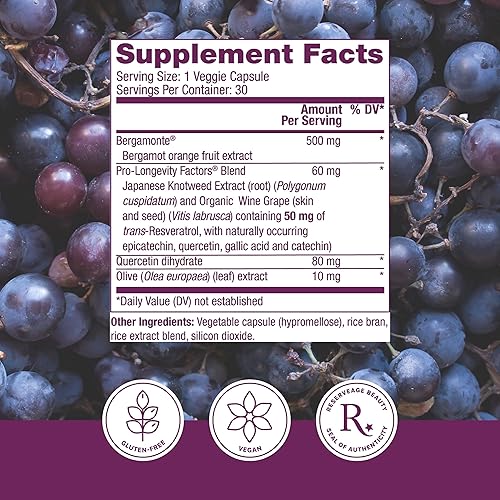 Miniatura 2 de Reserveage Beauty, soporte de colesterol de bergamota con resveratrol, suplemento antioxidante para apoyo cardiovascular y salud cardíaca, vegano,