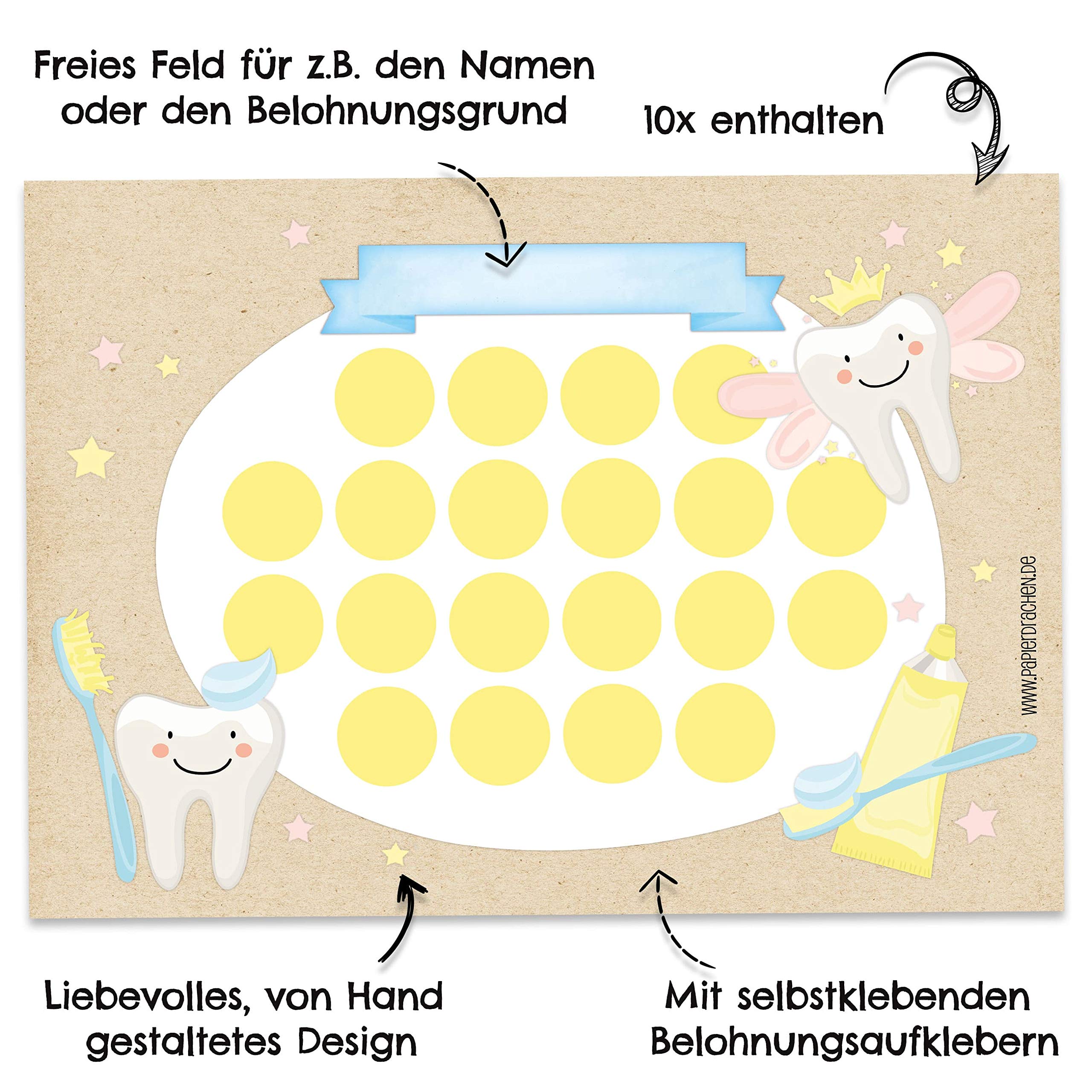 PaPIerDraCHeN Set di grafici delle ricompense per Bambini Come Blocco a Strappo 10 Fogli - Concetto motivante - con Grandi Adesivi per Bambini e Bambine - Motivo per lavarsi i Denti 1 Set 10