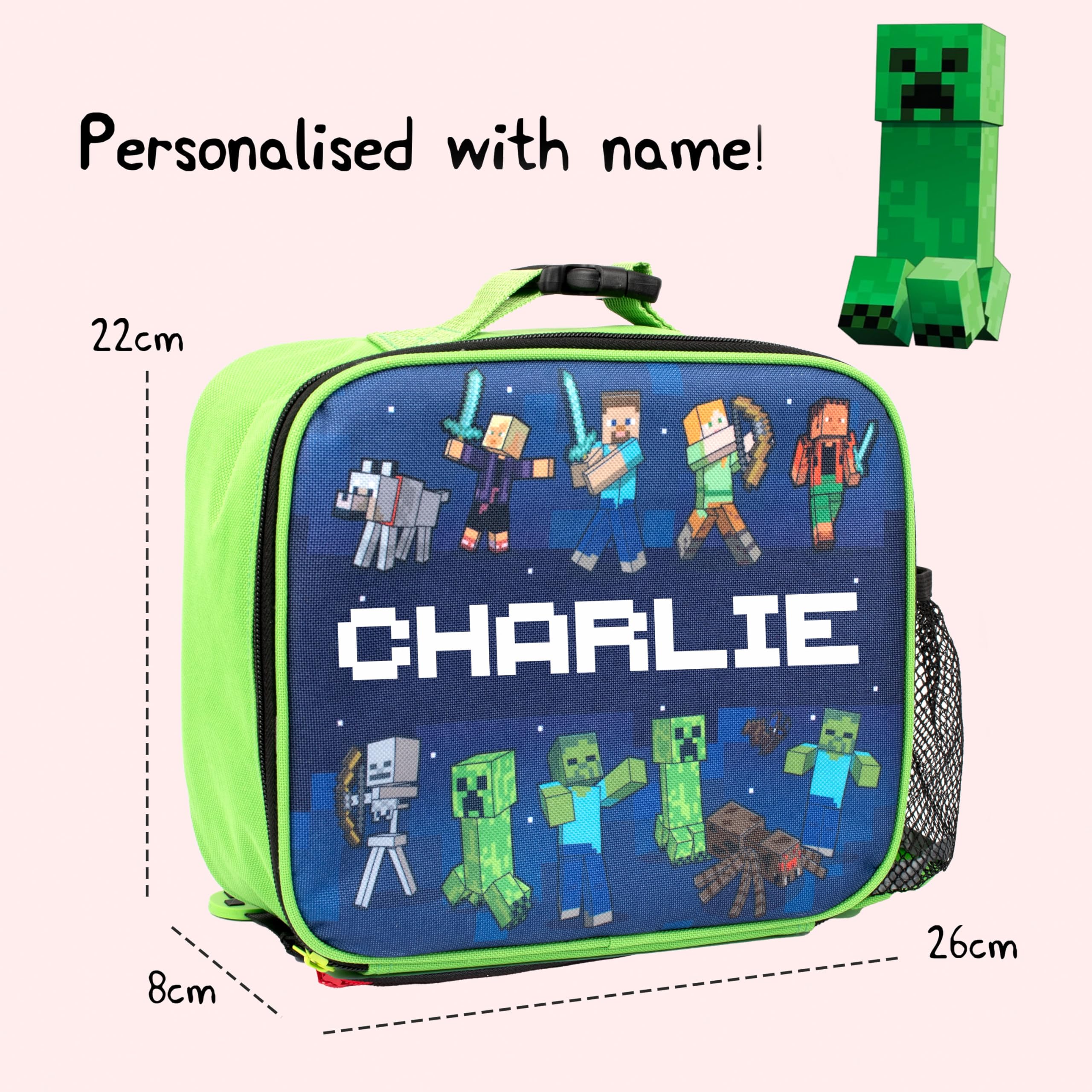Minecraft Sac à déjeuner personnalisé pour enfants – Sac à goûter isotherme pour garçons et filles – Personnalisation du nom – Bleu foncé