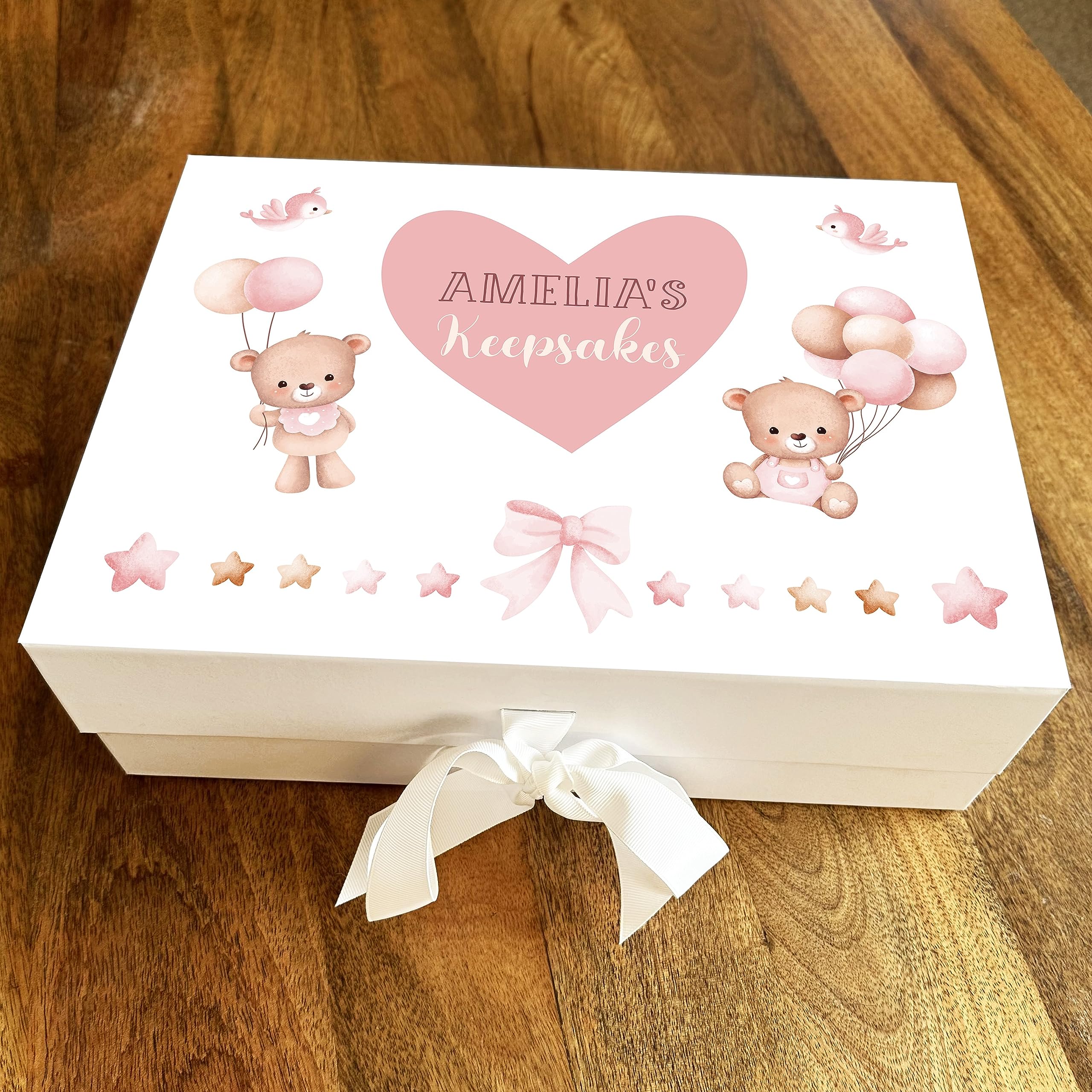 Fingerprint Designs New Baby Girl Keepsakes Teddy Bear Cute Pink Bow Memory Box - Special Baby Treat Hamper Personalised Gift Box
