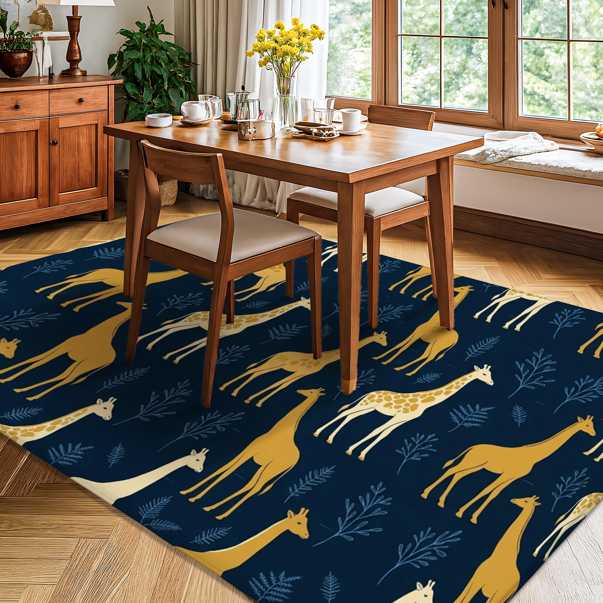 Alfombra de área de jirafa, diseño de hojas de animales naturales, sin esponja, de pelo bajo, suave, rectangular, resistente a las manchas, para sala de estar, dormitorio, debajo de la cama