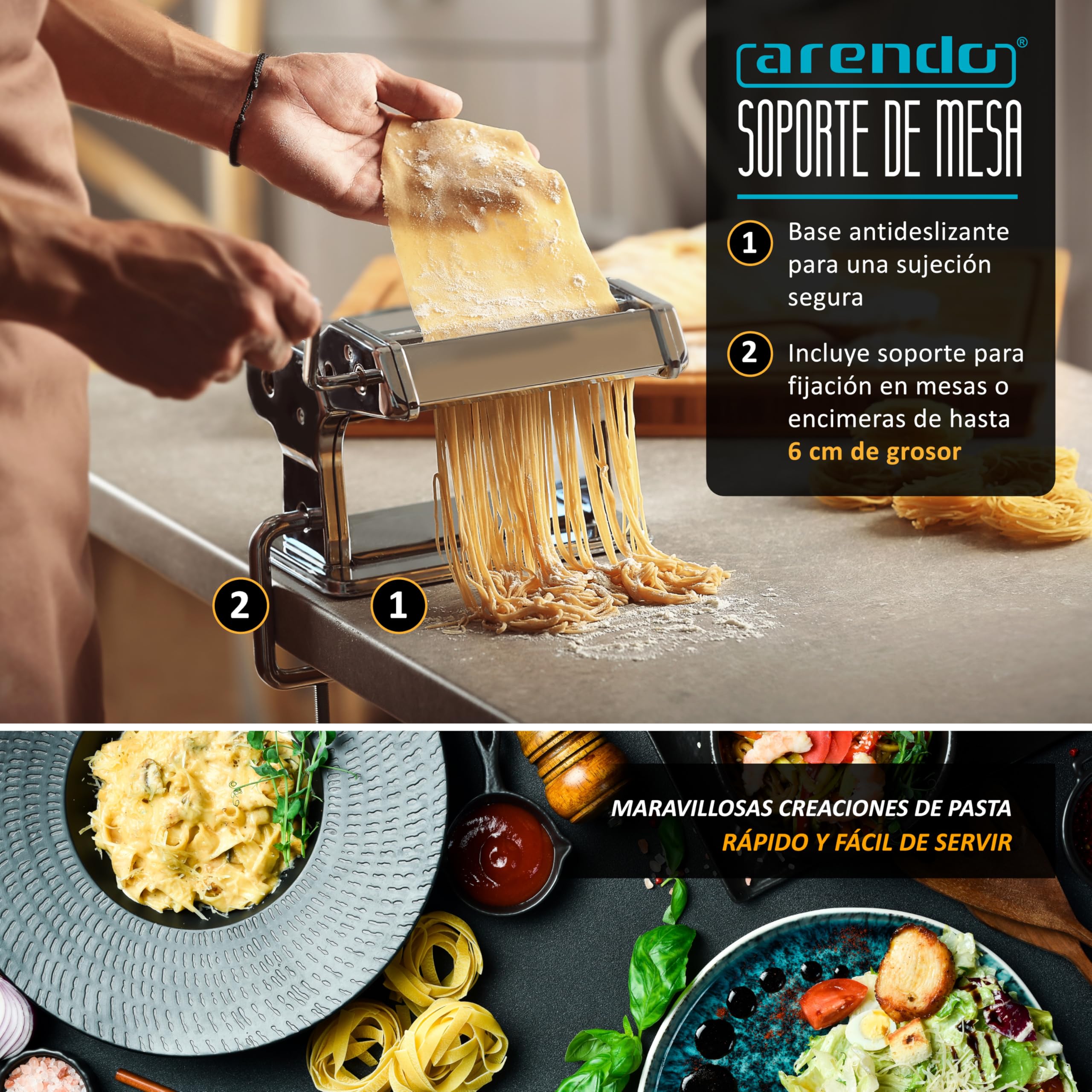 Maquina para pasta Fresca,Máquina para Pasta Manual con Accesorio Intercambiable, Máquina para pasta, Maquina Para Hacer Pasta, 7 Ajustes de espesor ajustables, 2 máquinas de corte, Prensa de Pasta