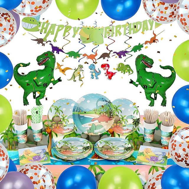 Dinosaur Party Decorations, 163 PCS Dinosaur Birthday Decorations, Dinosaur Party Supplies for Birthday, Dinosaur Balloons, Dinosaur Plates, Cups