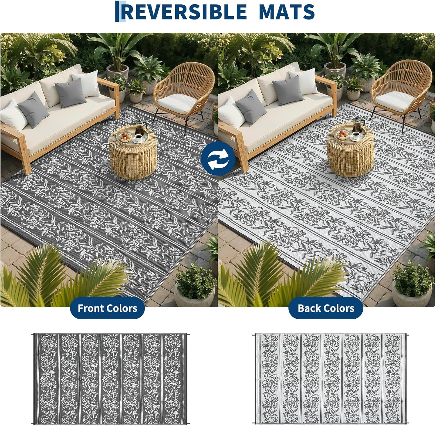 Garvee Outdoor Rugs 9x12 Waterproof Reversible Mat Boho Leaf Patio Rug with 4 Stakes and Starage Bag, Large Outdoor RV Mat Rugs for Camping, Picnic, Balcony, Deck, Backyard, Grey & White
