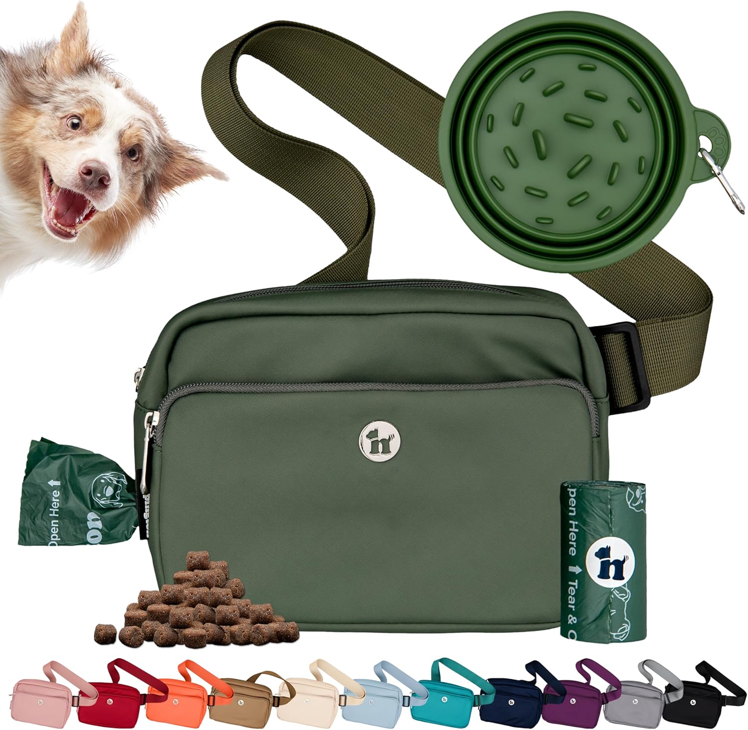 Puppington 3-in-1 Crossbody Bag & Dog Treat Pouch for Pet Training - Matching Compostable Poop Bags, Built-In Poop Bag Dispenser & Slow-Feeding Travel Dog Bowl - Dog Walking Bag (Basil Green)