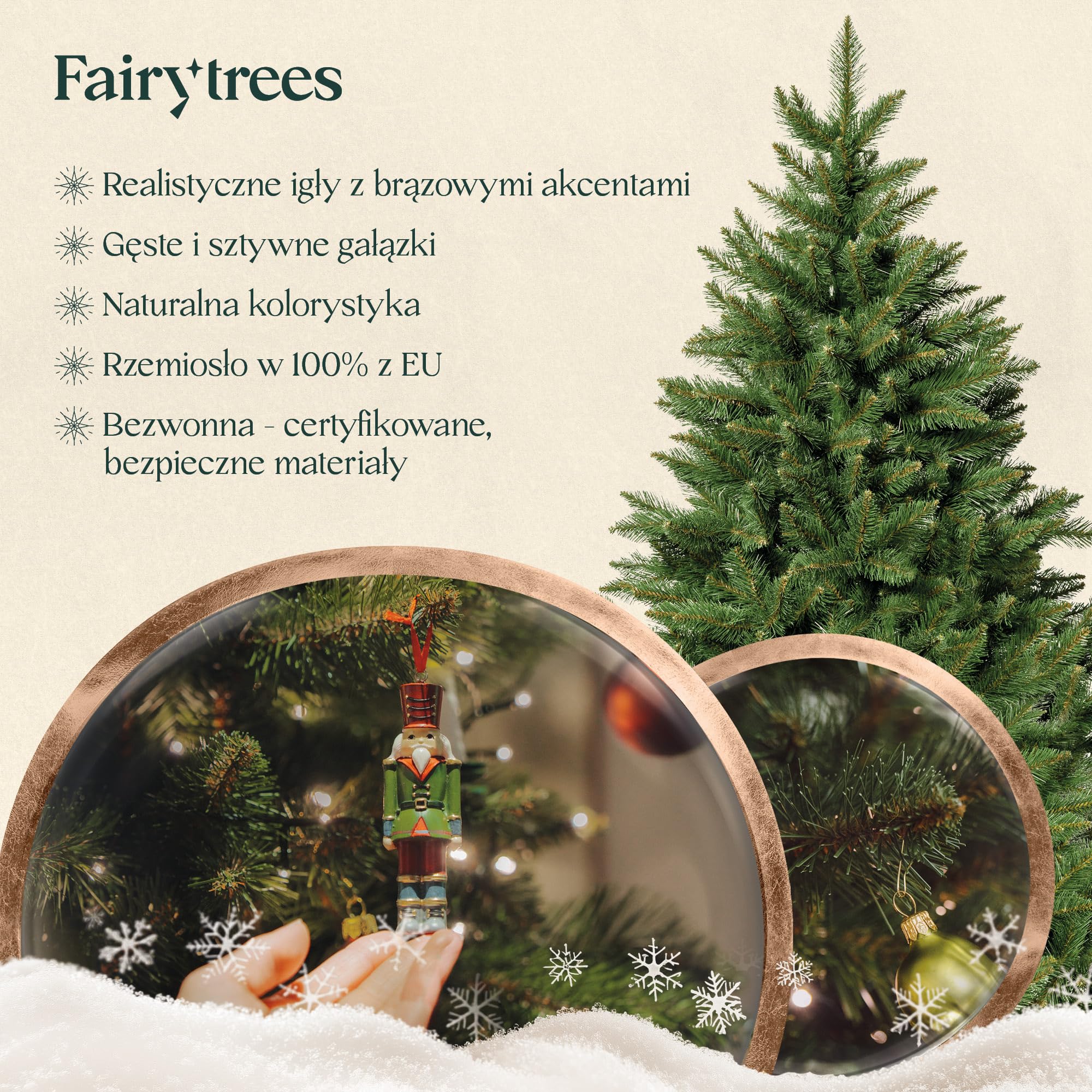 FairyTrees Choinka sztuczna – Jodła Nordmann, 180 cm, realistyczne gałązki PVC, drewniany stojak z jesionu, wyprodukowana w UE