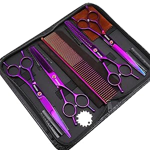TOPGOOSE Dog Grooming Scissors Kit, Professional 6 in 1 Pet Scissors Sharp Shears Set - Straight, Thinning, Chunker, Curved Shears and Comb for Long Short Hair for Dog Cat (Set, Purple)