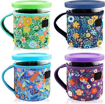 4 Pack Reusable Ice Cream Neoprene Sleeves with Handle,Neoprene Insulated Sleeves for Ninja Creami Pints,16oz 24oz Insulated Sleeves for NC301 NC300 NC299AMZ Series. 24oz floral