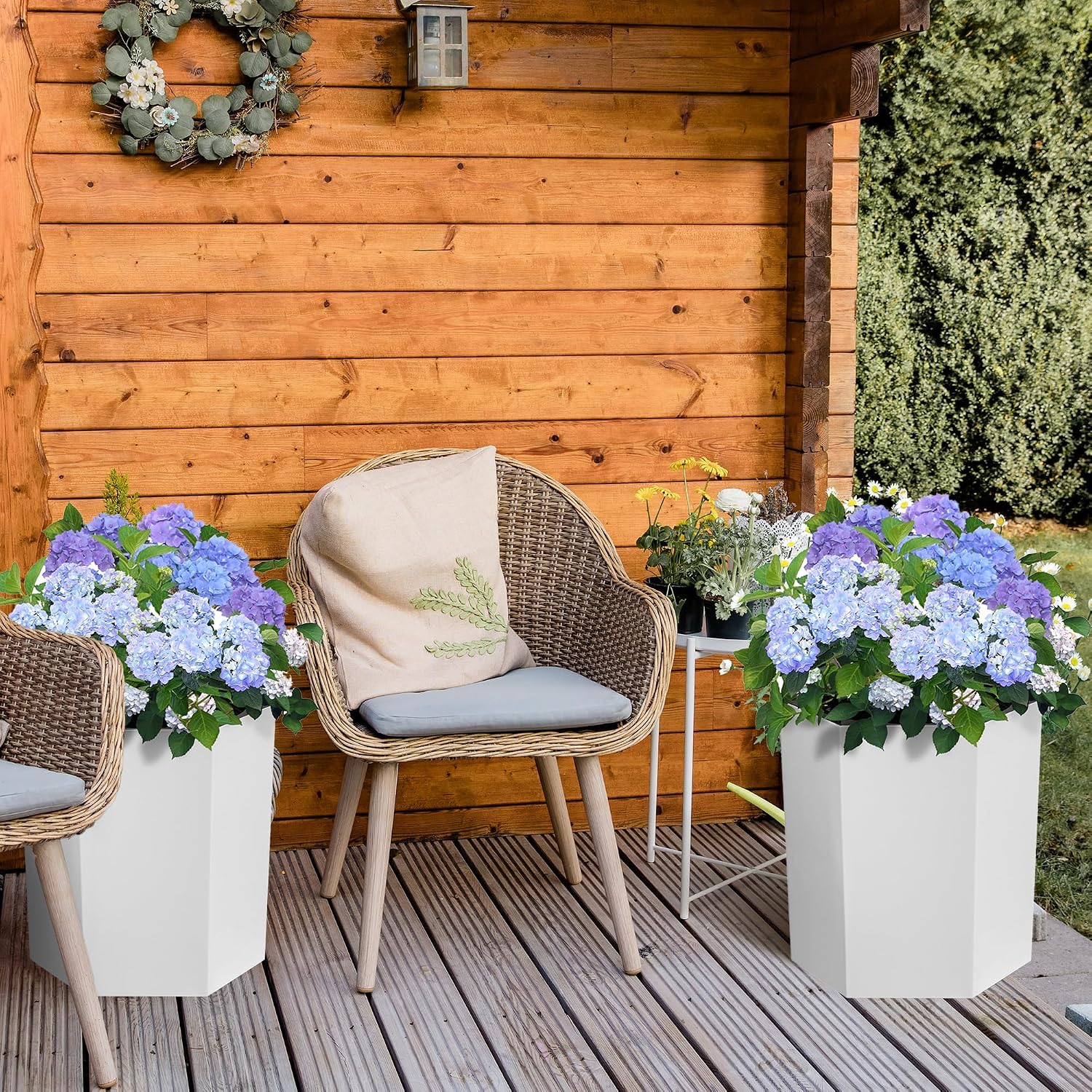 GarveeHome Set of 2 Self Watering Tall Flower Pots – 16 Inch Large Planters with Water Level Gauge, Drainage Hole & Wheels – Indoor Outdoor Use for Garden, Patio, Balcony, Porch – White, 8007 Straight