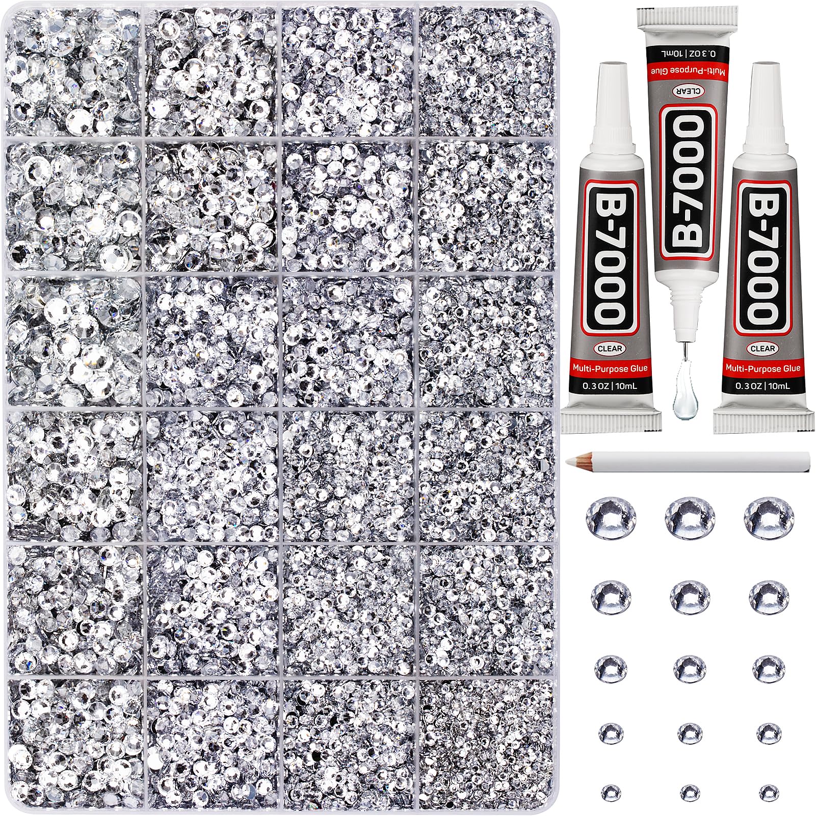 33000Pcs Silver Clear Rhinestones for Bedazzling, Bedazzler Kit with Flatback Craft Rhinestones Bulk and B7000 Glue, 2,3,4,5,6mm Resin Flat Back