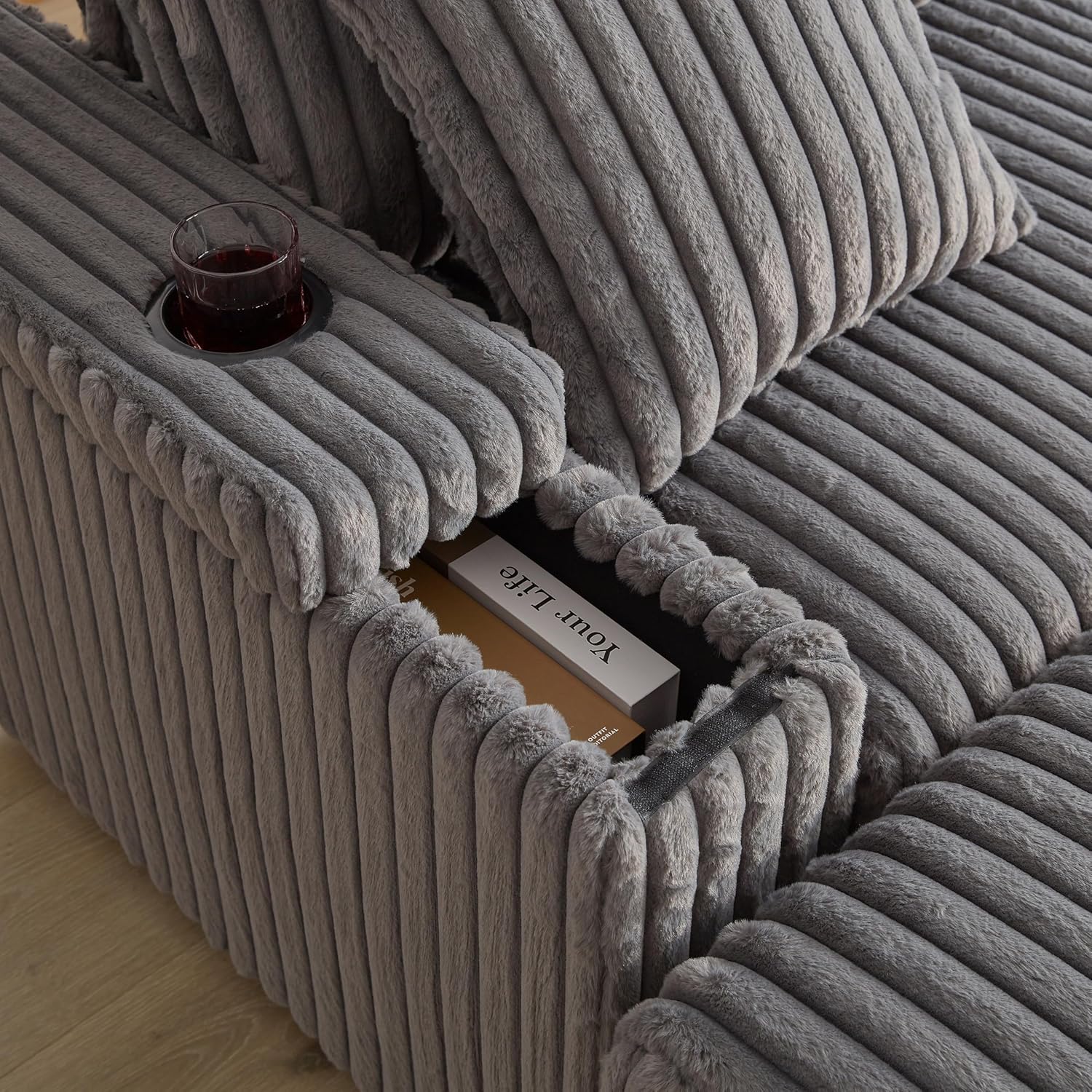 Corduroy Upholstered Modular Sectional Sofa Cloud Couch with Movable Ottoman, 84" Oversized Loveseat Convertible Sleeper Sofabed with 3 Cushion Backrest and Throw Pillows