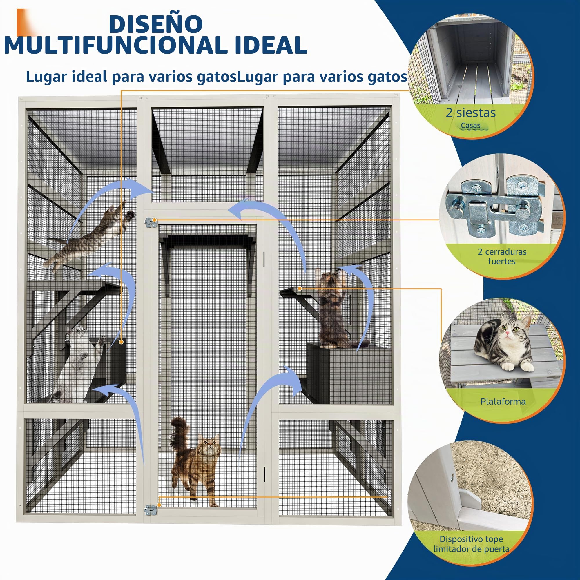 Catio Outdoor - Recinto para gatos grande con techo impermeable, 5 plataformas y 2 cajas de descanso, jaula para gatos al aire libre, ofrece espacio para hasta 6 gatos, casas pequeñas para jardín