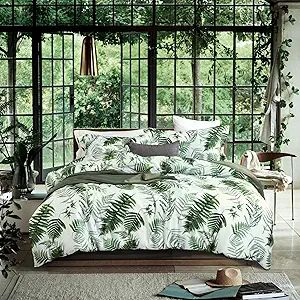 MILDLY 100% Long-Staple Cotton Duvet Cover Set Green Palm Leaf Pattern Printed Comforter Cover 3pcs, Ultra Soft & Breathable Bedding Set