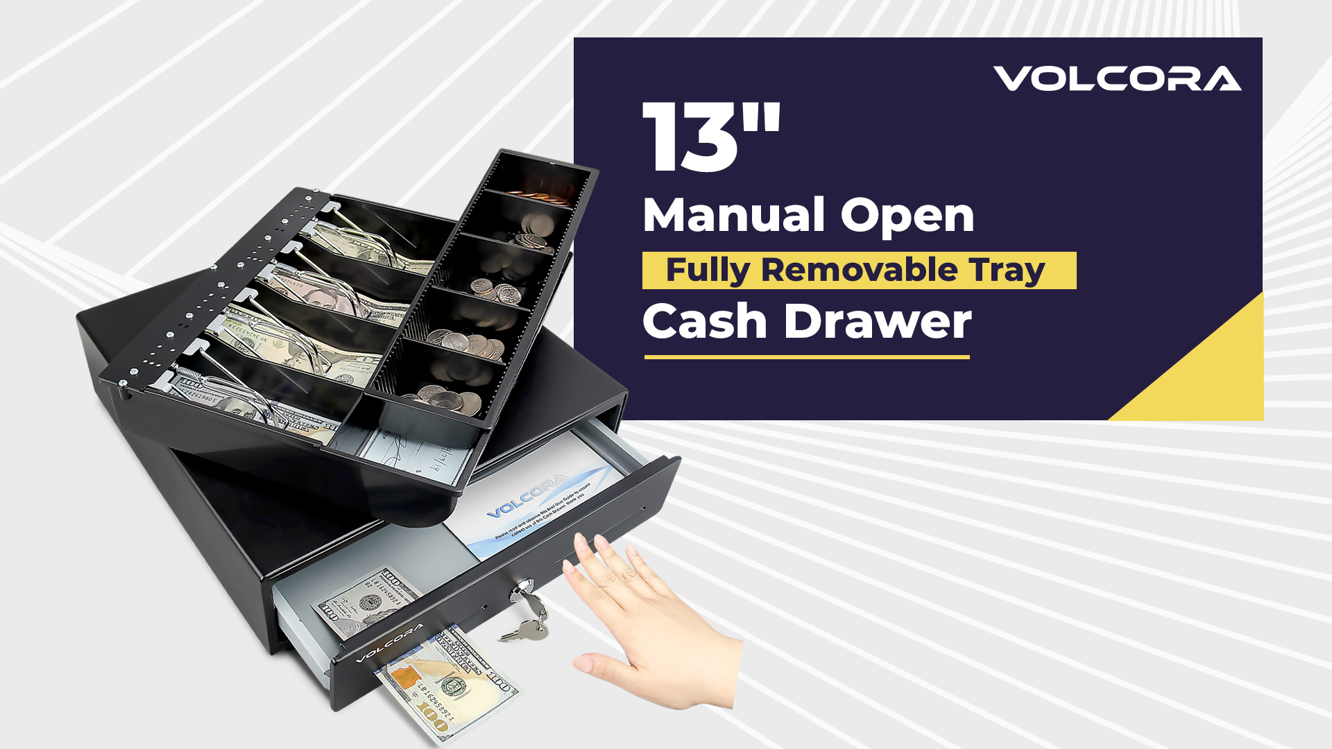 Overview of Volcora 13" Manual Push Open Cash Drawer