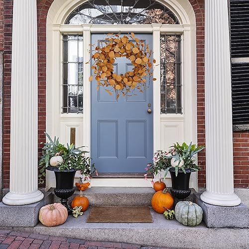 Miniatura 2 de Corona de eucalipto artificial de otoño de 20 pulgadas para puerta delantera con hojas de eucalipto naranja, ramas de vid secas, ramas de semillas