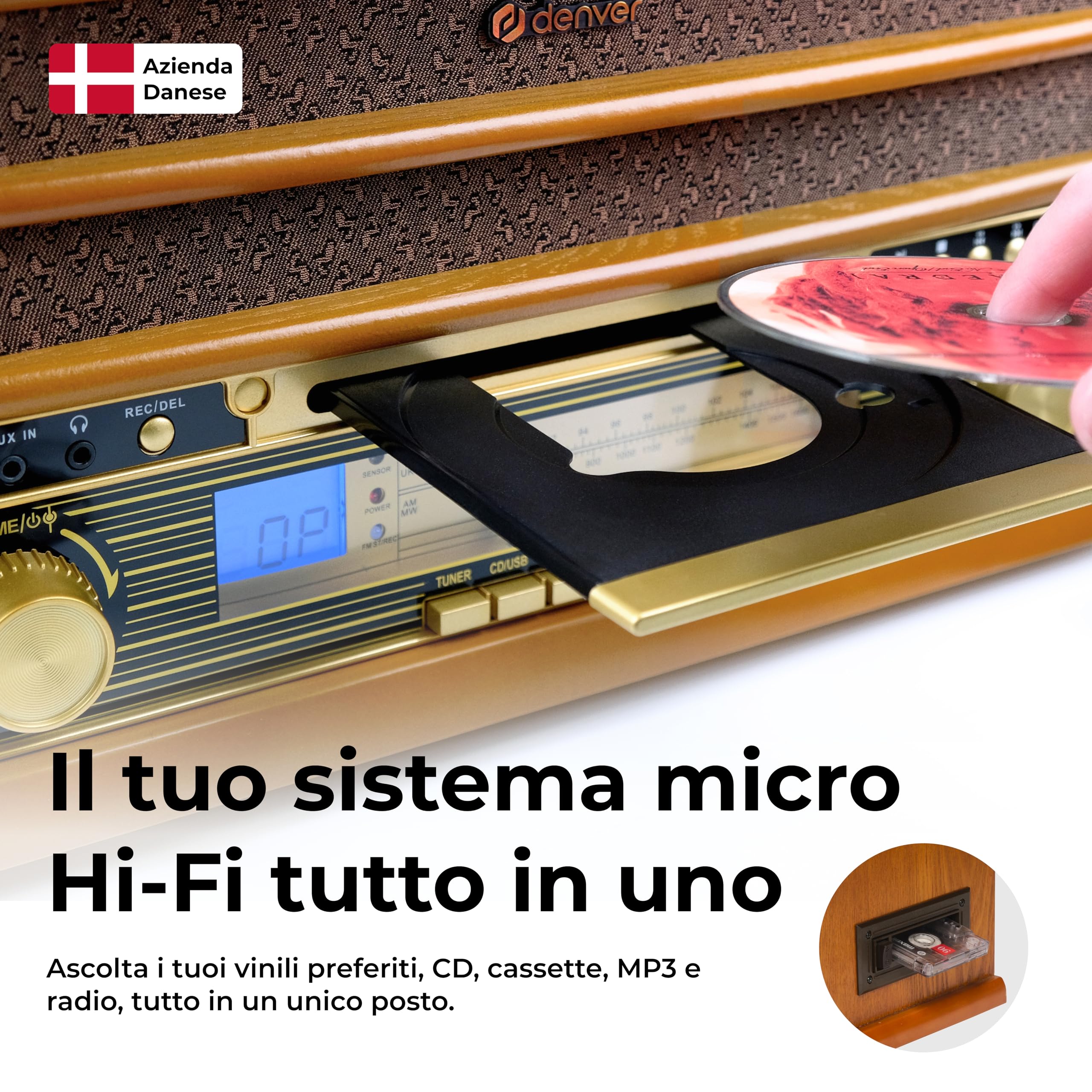 Denver MCR-50 – Giradischi Vintage con Lettore Vinili, Radio AM/FM, CD, Cassetta, USB MP3 – Giradischi Vinile con Casse Integrate – Gira Dischi per Vinili Retrò