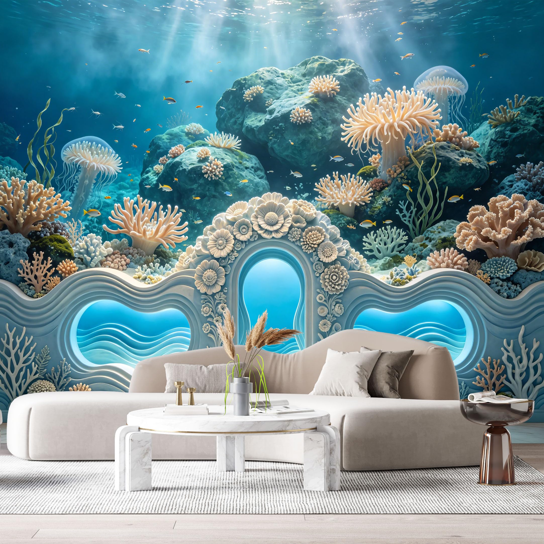 Custom Size Wall Murals Ocean Marine Fantasy Underwater Coral Reef Jellyfish 3D Trompe L'Oeil SelfAdhesiveWall Fabric Removable Wallpaper Wall Decor for Living Room Bedroom Bathroom