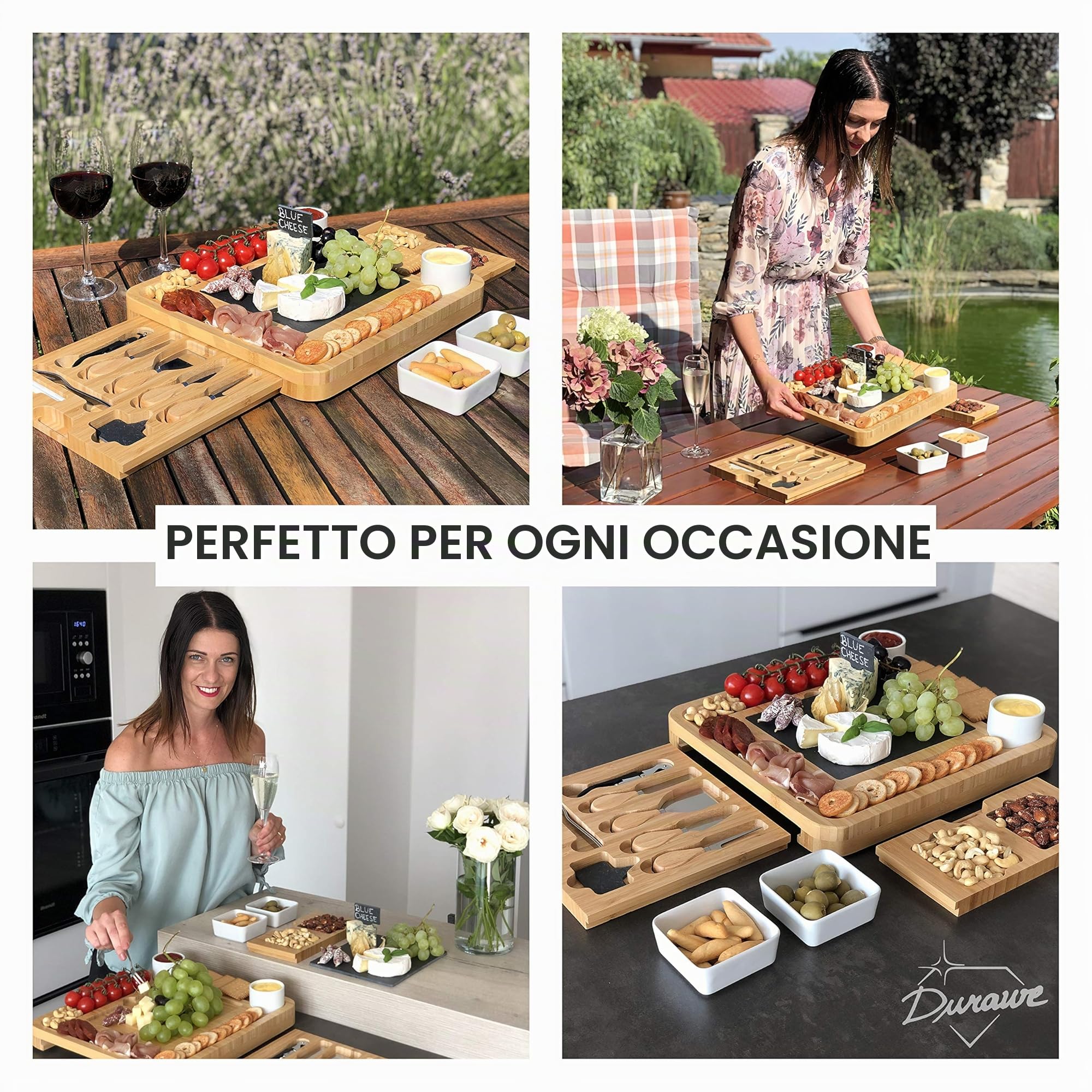 Tagliere in Bambù per Formaggi e Set di Coltelli, Ciotole di Ceramica e Apribottiglie – Tagliere Salumi Legno, Ideale per Serate Gourmet, Regali di Compleanno, Nozze, Mamme