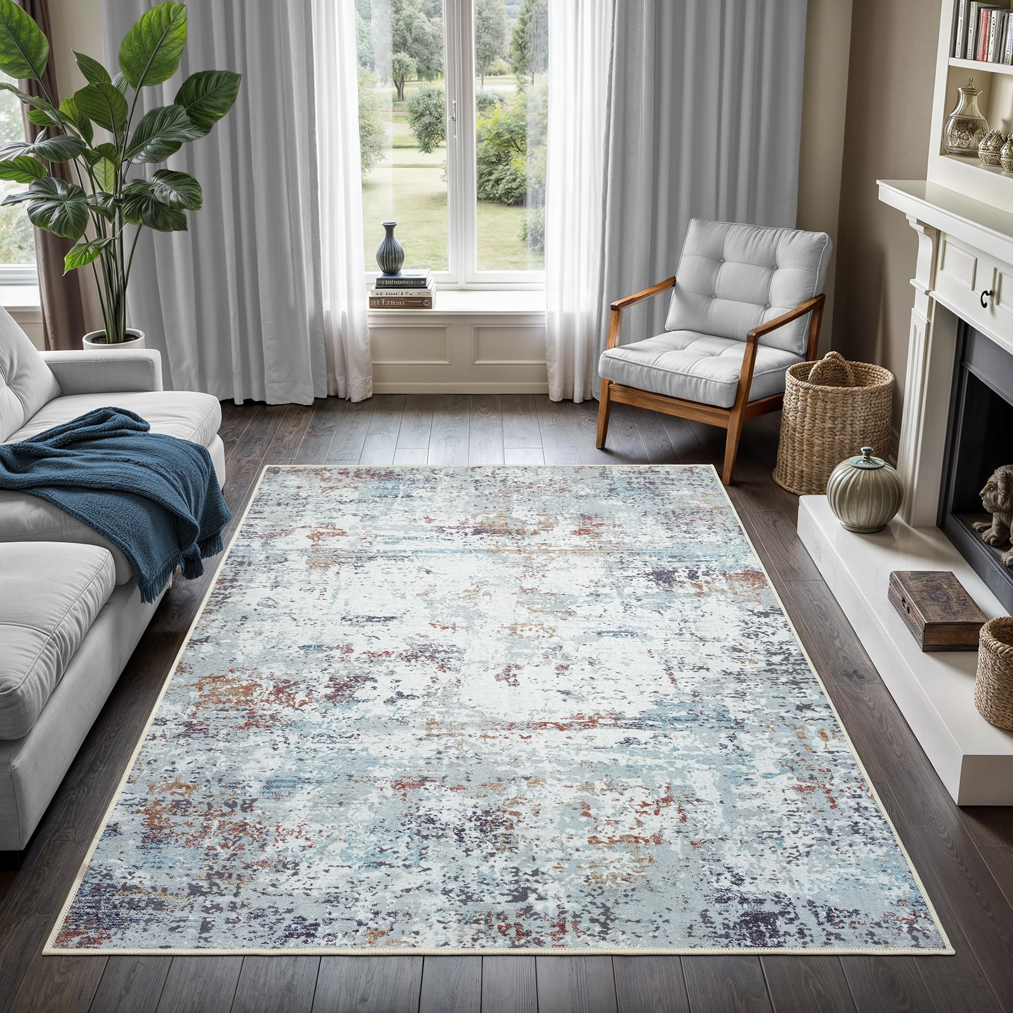 GLN Rugs Contemporary Collection - Machine Washable Area Rug, Contemporary Washable, Non Slip, Low Pile Chenille Rug, Living Room, Bedroom, Kitchen