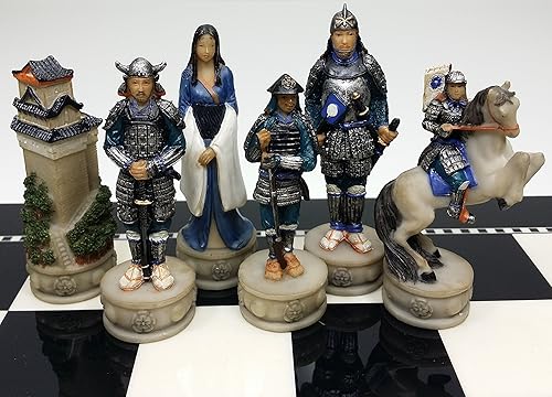 Miniatura 3 de Juego de ajedrez samurái japonés pintado a mano con tablero negro de alto brillo de 15 pulgadas