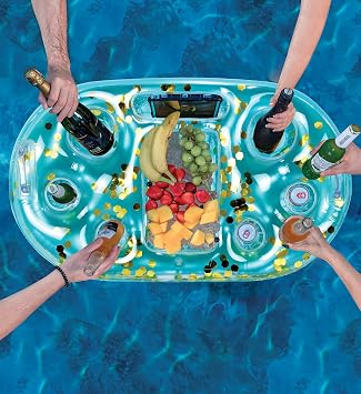 POZA Inflatable Gold Floating Cooler - Luxurious Drink Holder Filled with Sparkly Confetti, Premium Party Float with 8 Holders, Serving Bar for Beach, Lake, Hot Tub, Jacuzzi and Pool - 39x23 Inches
