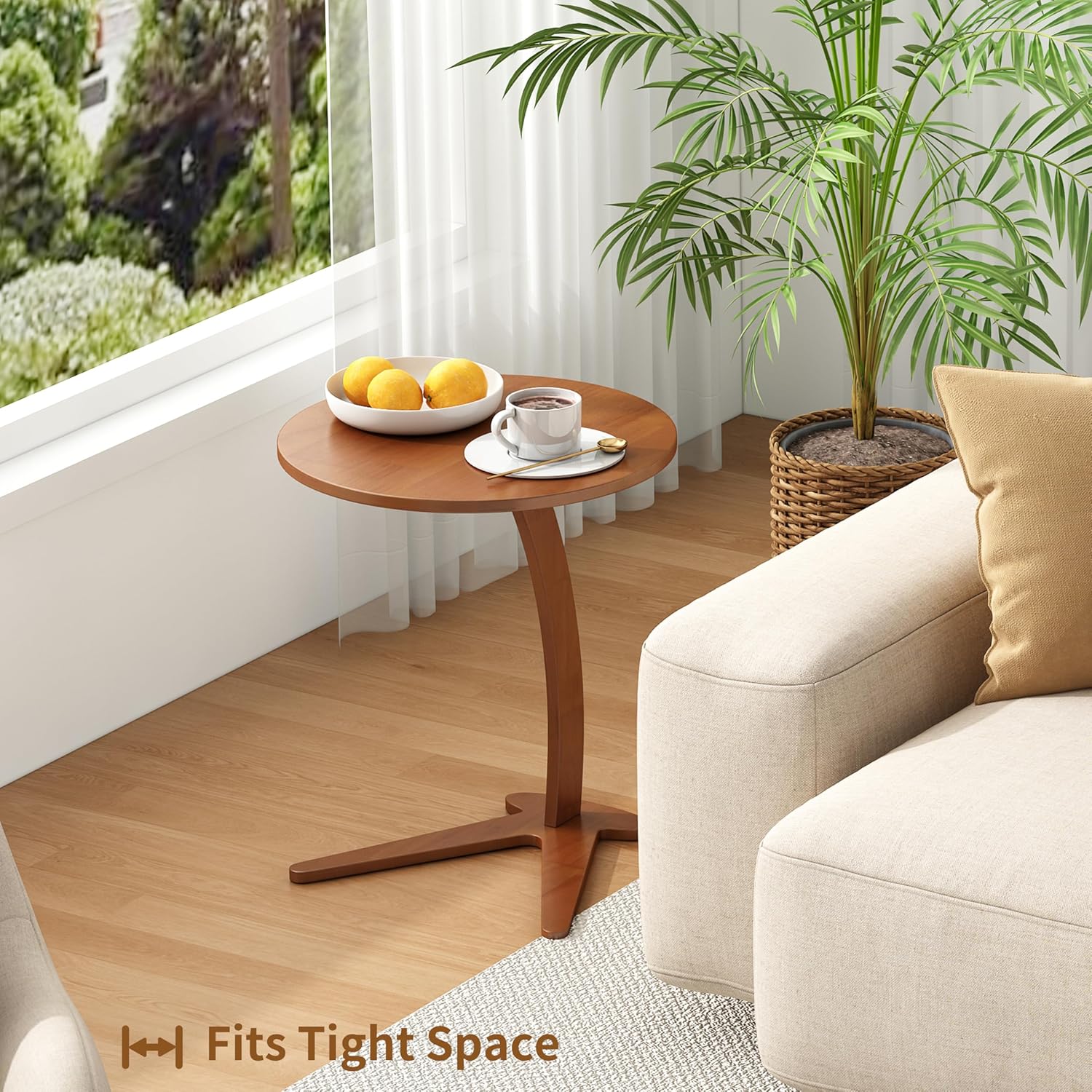 C Shaped End Table, Small Round Side Table for Couch, Slide Under Sofa Tray Desk for Living Room Bedroom, Solid Wood TV Tray Table for Narrow Space (17” Chestnut)